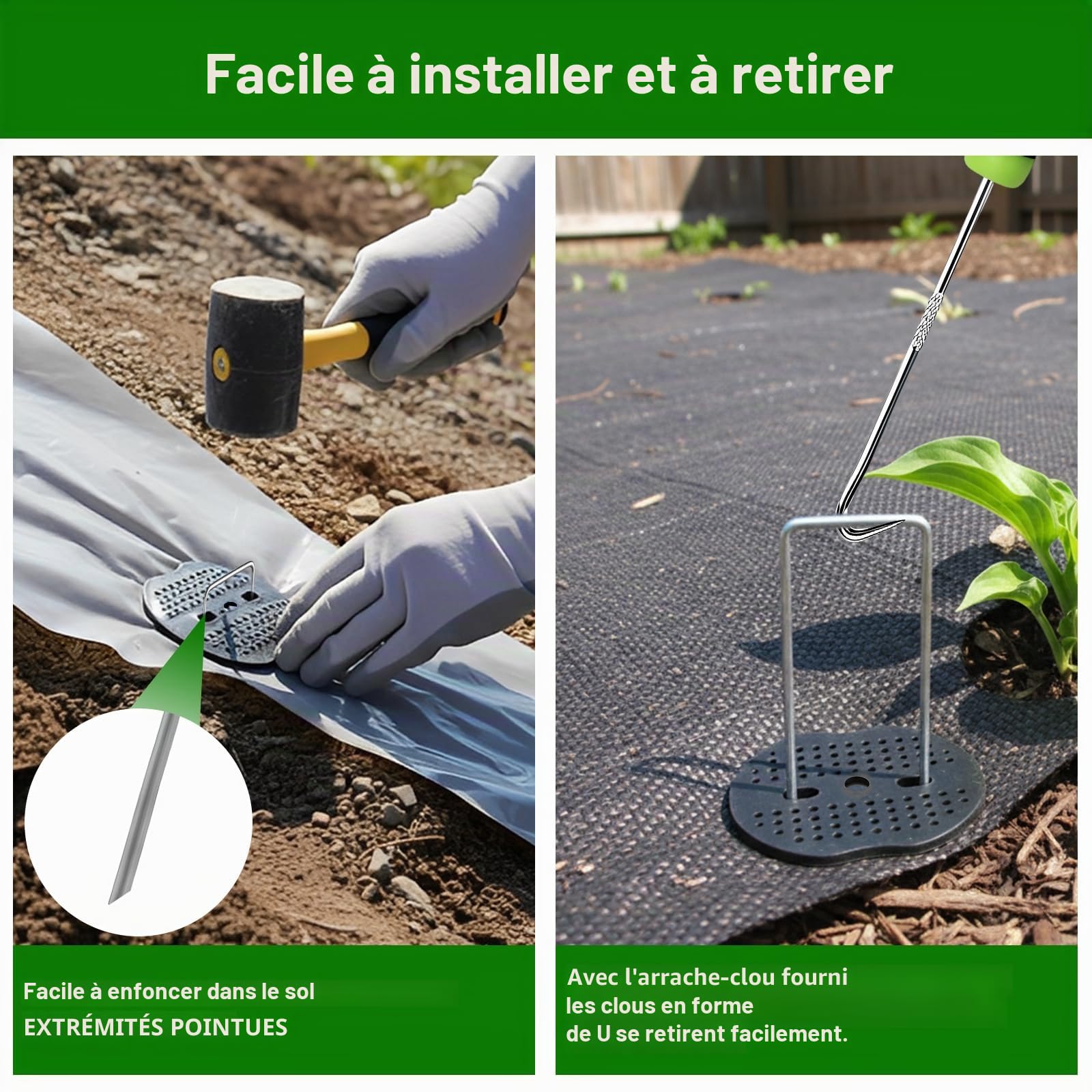 Lot de 100 piquets d'ancrage Stables en Forme de U,100 disques tampons, Toile Anti-Mauvaises Herbes pour Jardin, Bordures de pelouse, parterres de légumes et Fixation de tuyaux