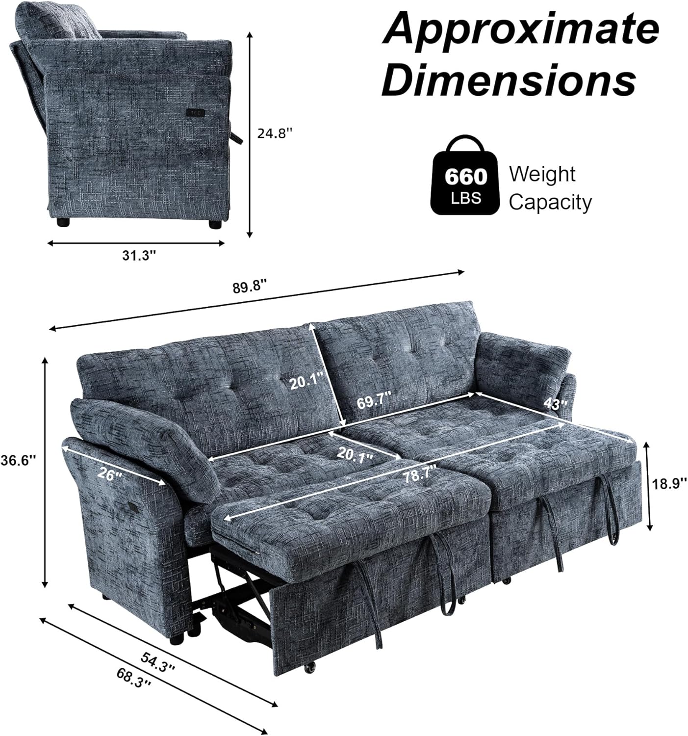 Casaphoria 3 in 1 Convertible Sofa Bed L-Shaped Sleeper with Dual Pull-Out Beds – Space Saving Sectional Couch for Small Spaces Bedroom Guest Room 89.8 Inch Blue