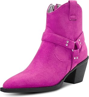 Women Ankle Boots Short Bootie Square Toe Low Kitten Chunky Block Heel Western Cowboy Cowgirl Suede Zipper Dress Shoes 2.5 Inch