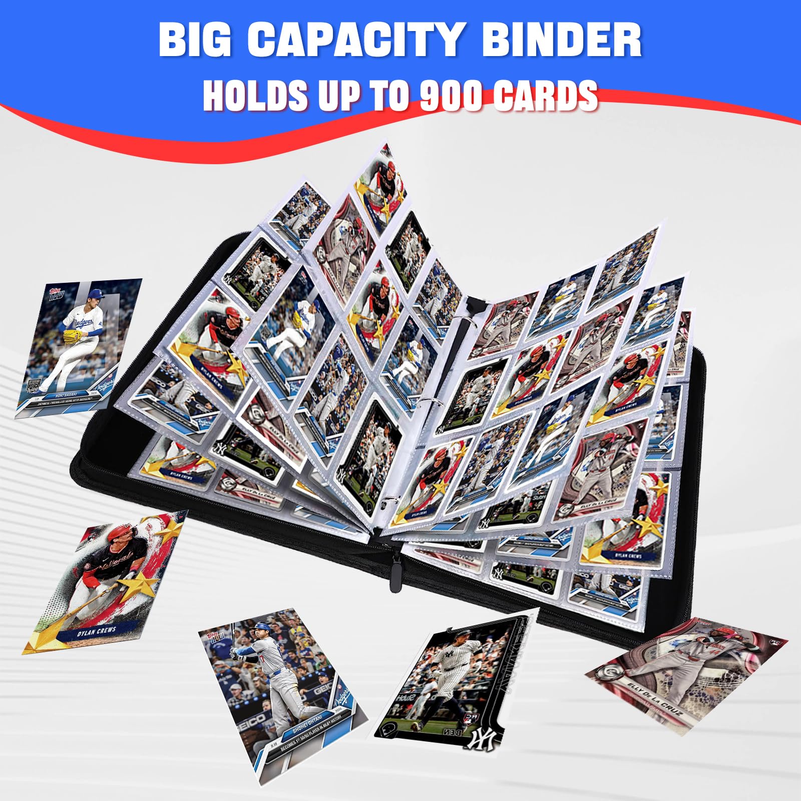 Zeatta Baseball Card Binder 900 Pockets, 50 Sleeves Trading Card Holder Album, 3-Ring Zippered Sports Card Organizer Display Storage Protectors, Gift for Baseball Card Collectors