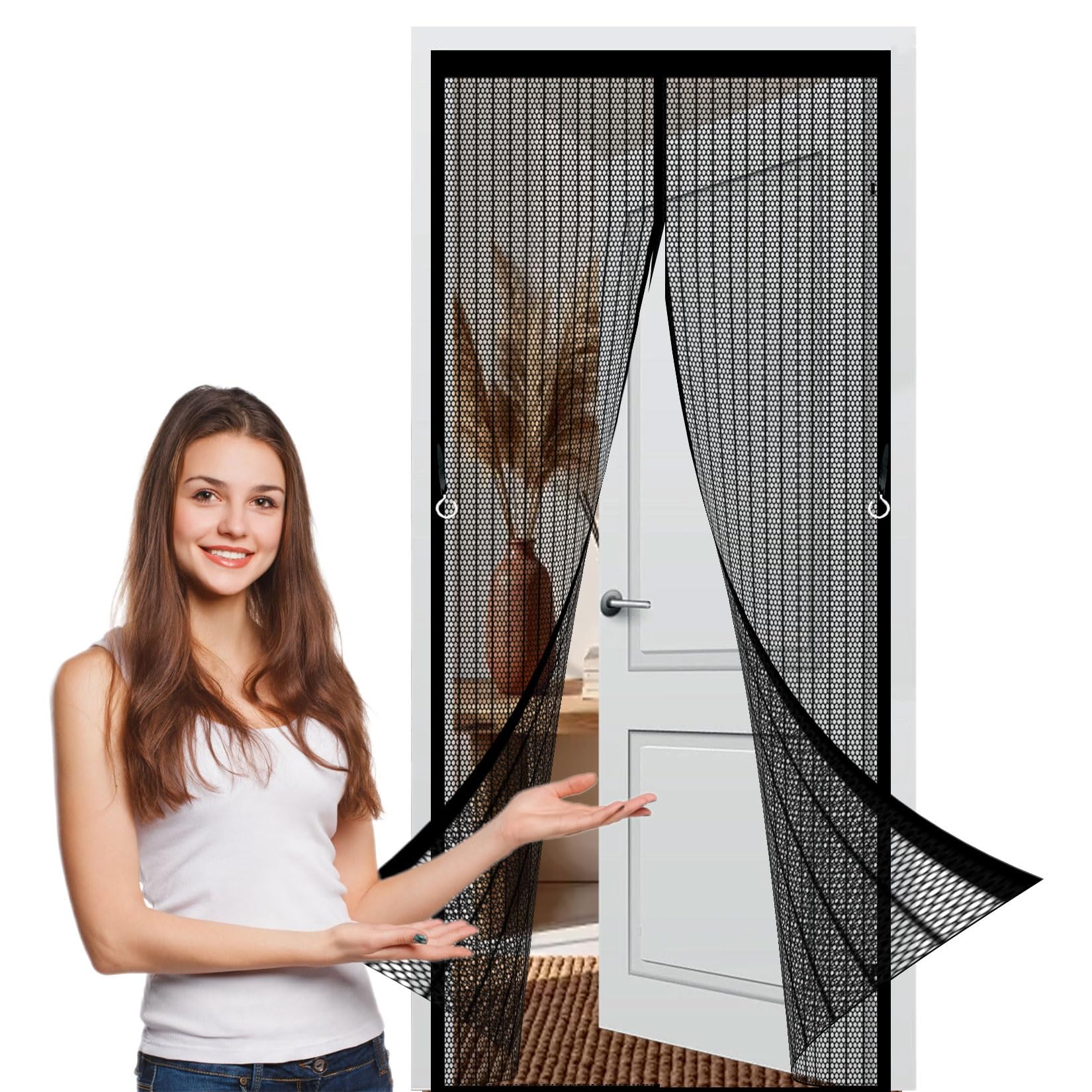 Magnetic Fly Insect Screen Door 155 x 132 cm Full Frame Magic Tape, Powerful Magnets Magnetic Fly Screens Lets Fresh Air, Easy to Install for Living Garage Doors, Black