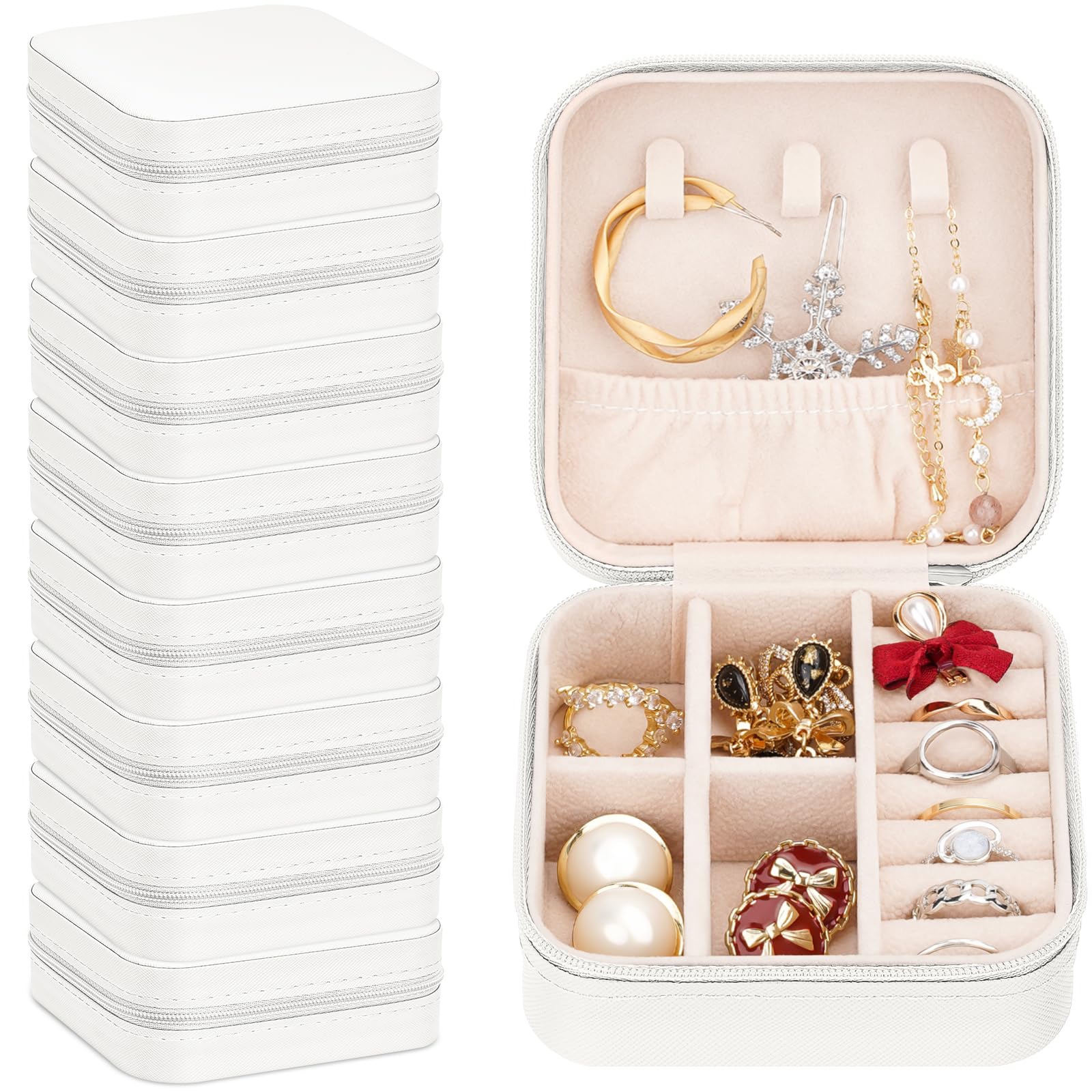 Leezmark 8 Pcs Jewelry Travel Case, Bridesmaid Gifts Set Of 6 & 8, Velvet Portable Jewelry Travel Organizer Small Jewelry Box Bridesmaid Proposal Gifts Box Mini Storage Organizer Storage Box, White