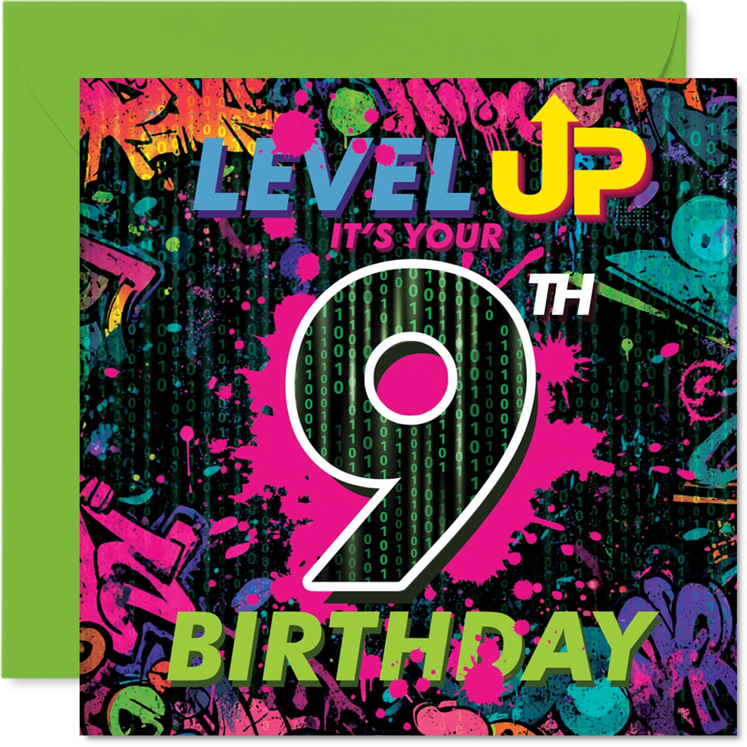 Playful 9th Birthday Card - Level Up the Birthday Fun - Vibrant Neon Gaming Theme with Bold Graphics - 145mm Square, Envelope Included