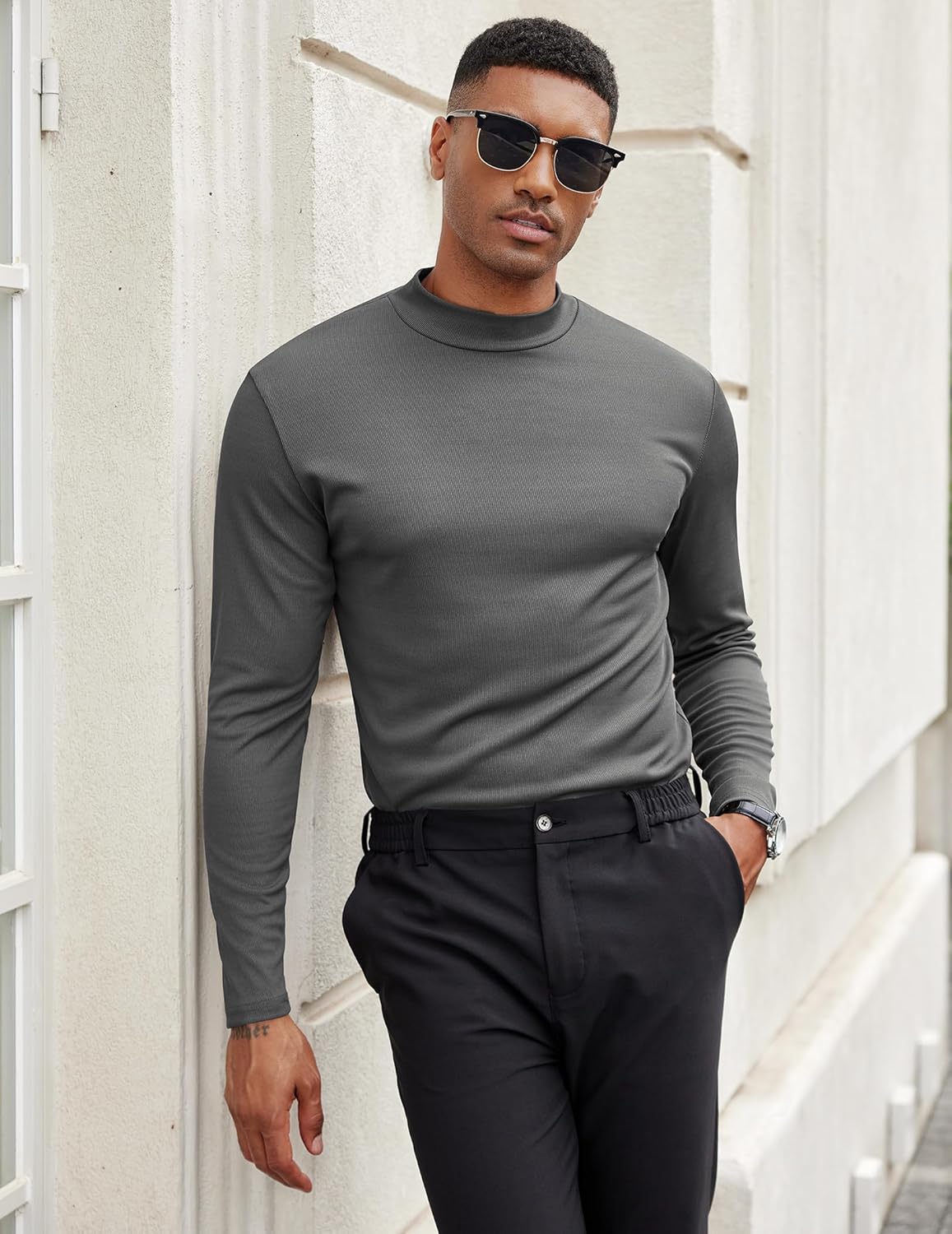 COOFANDY Men's Mock Turtleneck Long Sleeve Shirts Slim Fit Basic T-Shirt Lightweight Ribbed Pullover Sweater