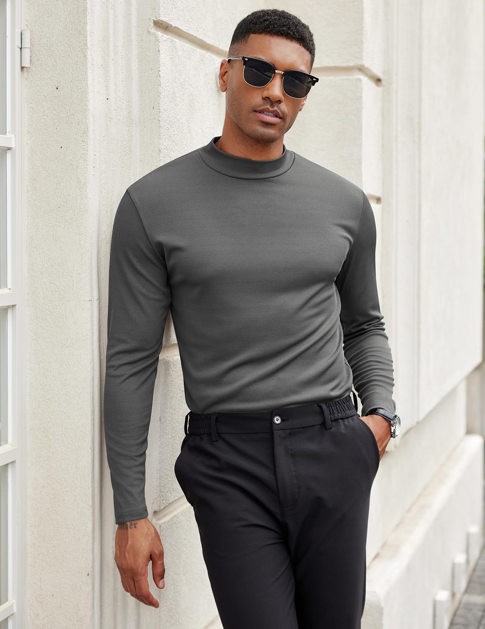 COOFANDY Camicia da uomo a collo alto a maniche lunghe slim fit basic t-shirt leggera a costine maglione pullover