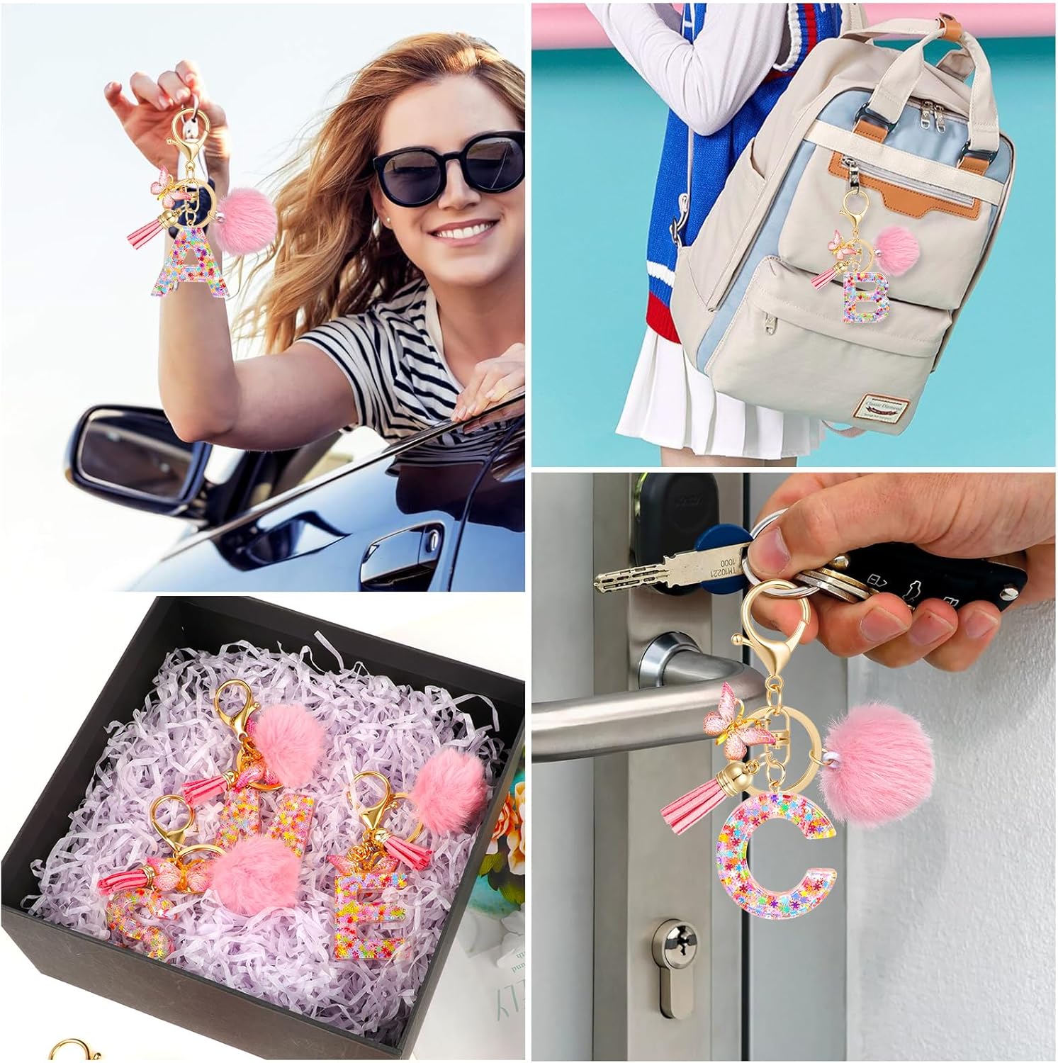 Pink Initial Letter Keychain,Cute Snowflake Sequins Key Chains for Girls Women Gift Handbag Decor - Image 7