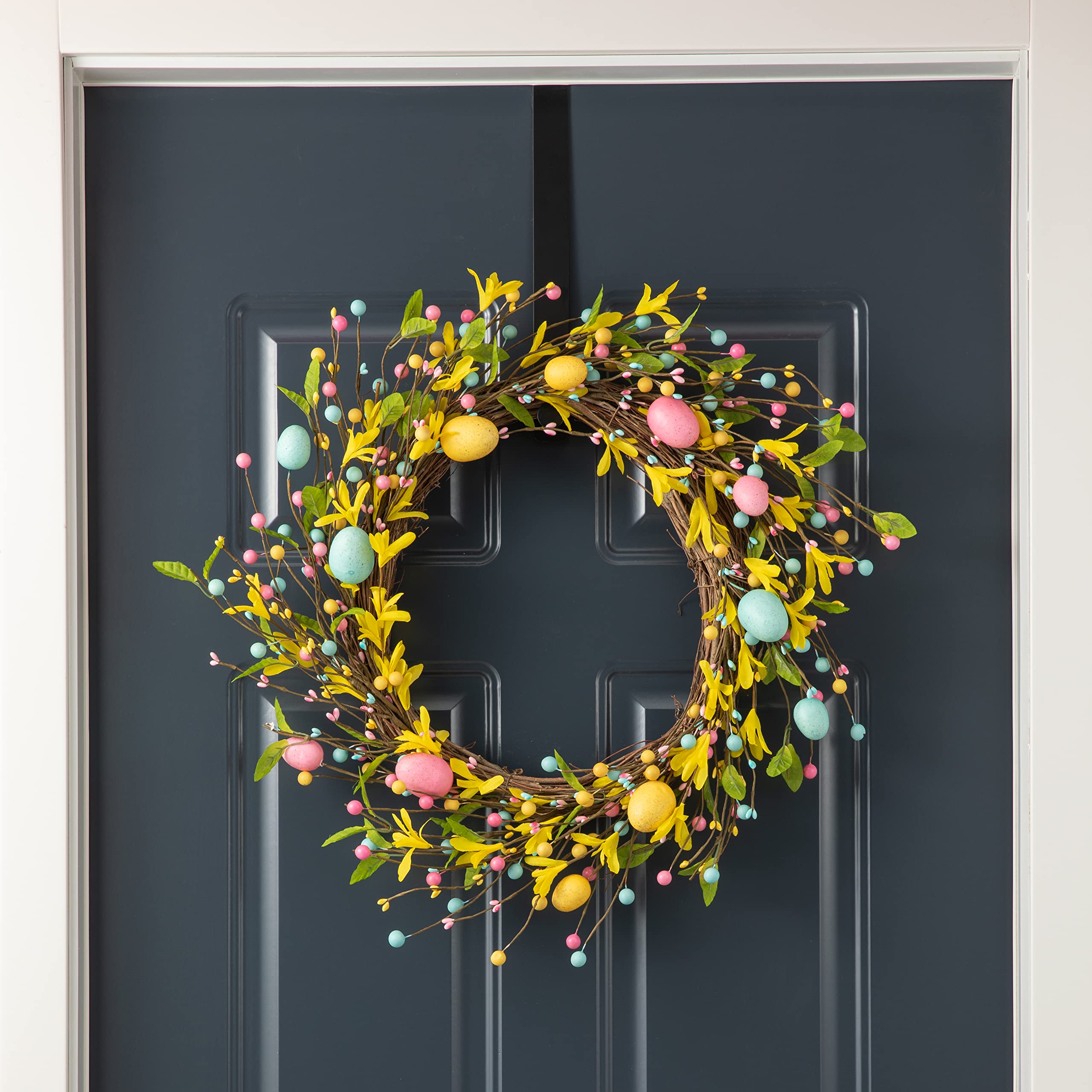 Glitzhome22" D Easter Eggs Wreath Spring Eggs & Berries & Forsythia for Front Door Wall Window Holiday Decoration