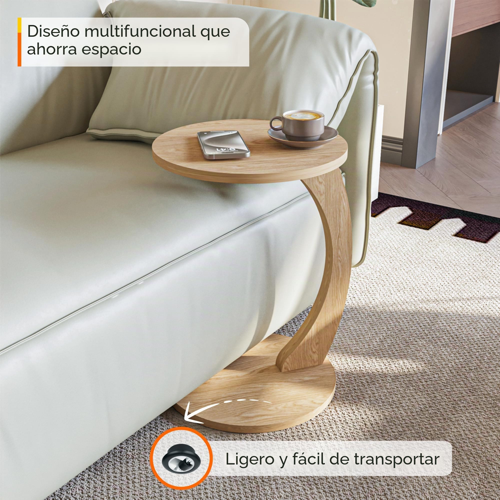 sugodesign Mesa Auxiliar con Ruedas, Pequeña Mesa de Café en Forma de C, Elegante Mesa Auxiliar en un Hermoso Efecto de Roble Natural, Mesa Redonda como Mesa de Sofá, Mesa de Sofá