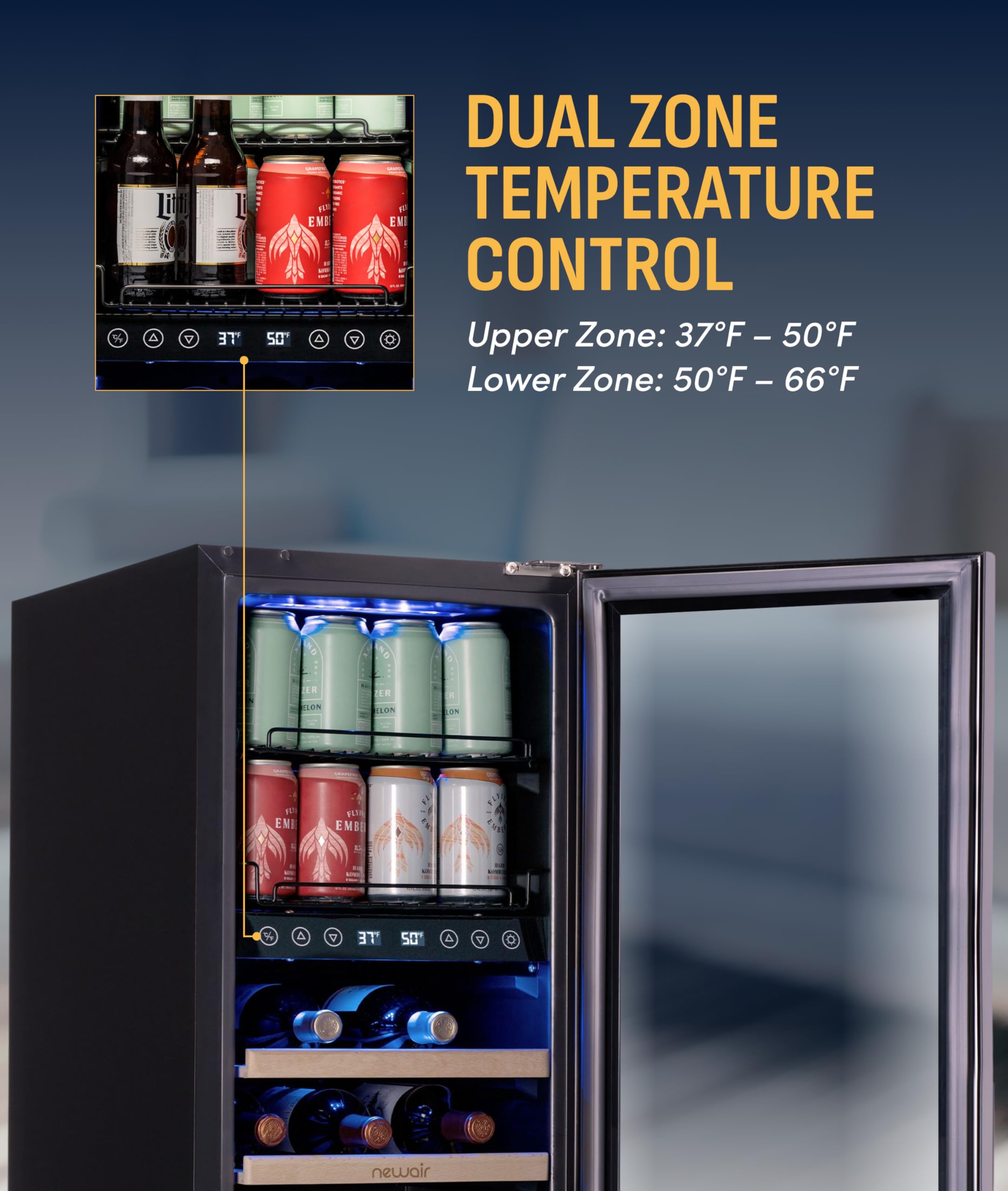 NewAir 15" Wine And Beverage Refrigerator 9 Bottle And 48 Can Capacity, Beverage Cooler In Stainless Steel, Built-In Or Freestanding Dual Zone Drink Fridge With Triple-Pane Glass Door on Fridge.com - View 5