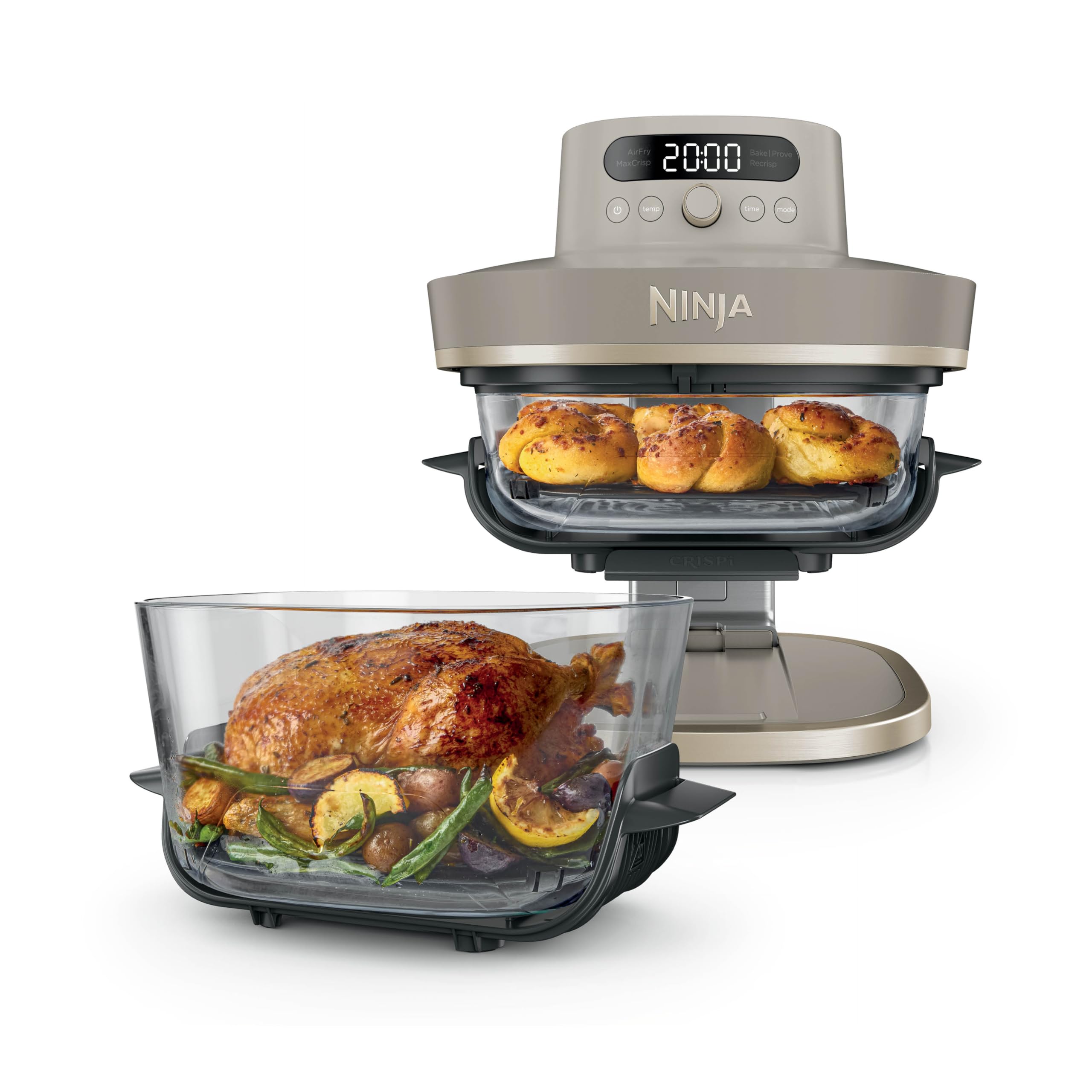 Ninja CRISPi PRO XL, Friteuse sans huile, bols 5,7l et 2,3l AS090EUSD | 5 modes de cuisson prédéfinis, avec contenants en verre CleanCrisp de 5,7 l et 2,3 l, couvercles de rangement, Stone/Or