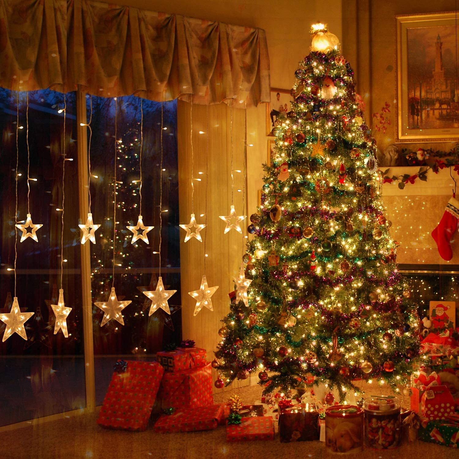 Luces de cortina de Navidad con 12 estrellas, 138 LED, cadena de luces de estrella funciona con pilas, luces LED para ventana, luces de hadas para Navidad, boda, fiesta, (blanco cálido)