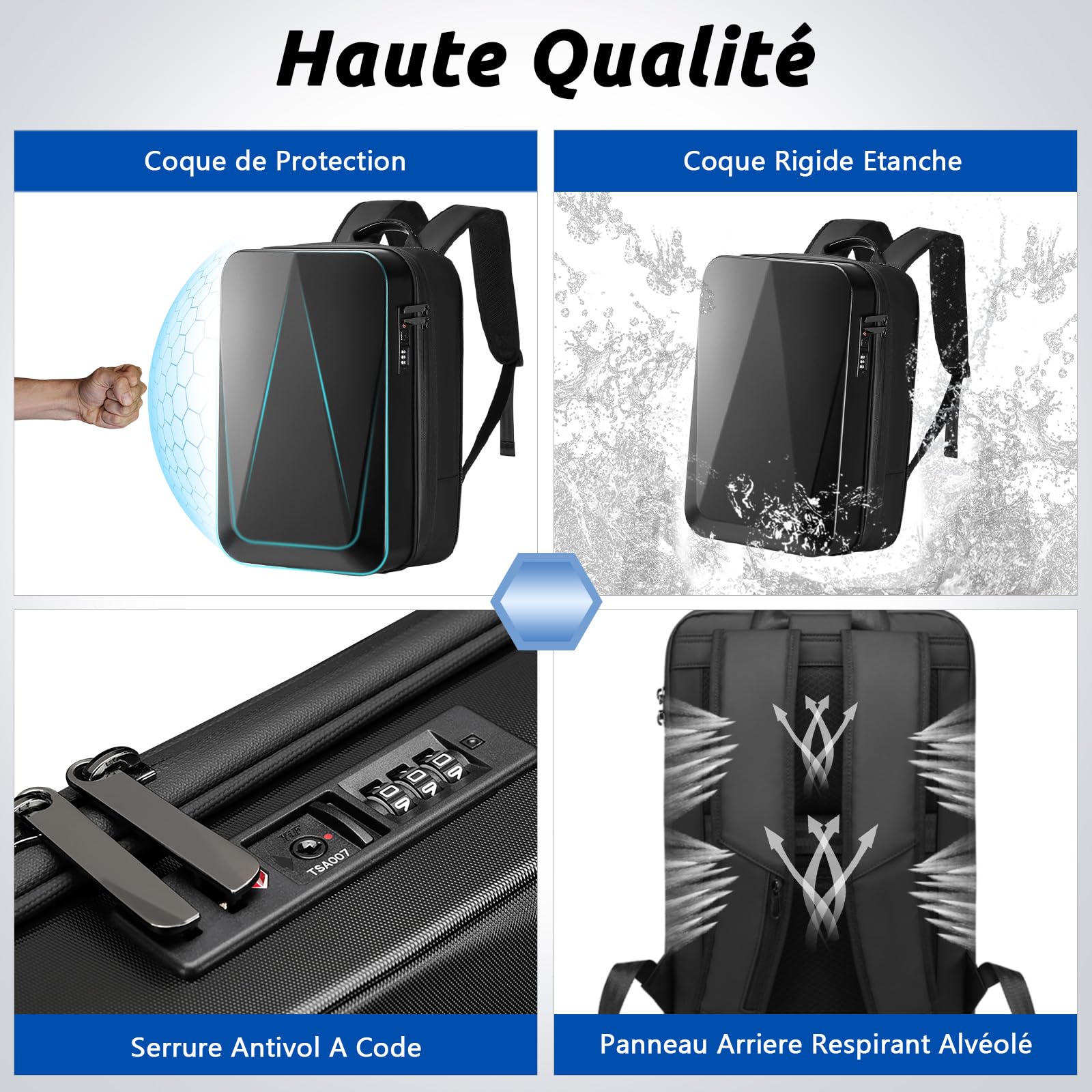 VARLIVOO Sac à Dos Ordinateur Portable Extensible Homme 15,6 Pouces, Antivol Imperméable avec Port USB, Sac à Dos PC Rigide pour Travail, Voyage et Loisirs, Noir A, Extensible