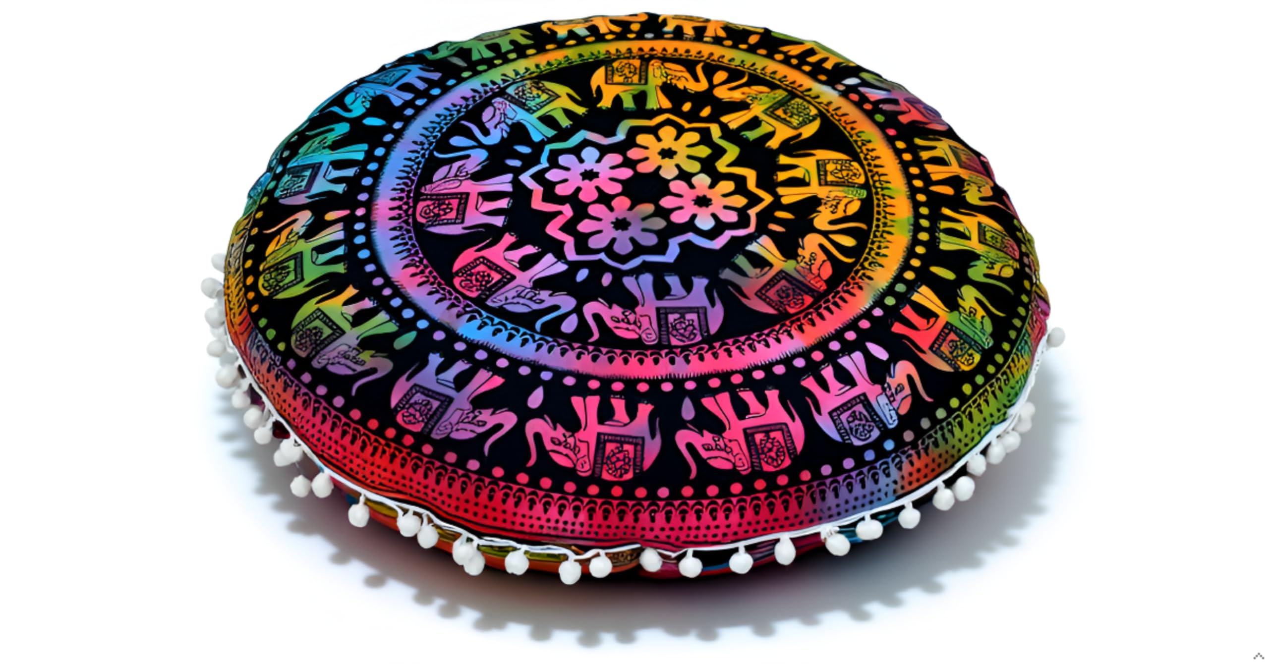 CRAFT KALA 32" Round Mandala Boho Pillow Cover Meditation India Room Seating Poufs Cover for Living Room Yoga Home Décor Bedroom Balcony Garden