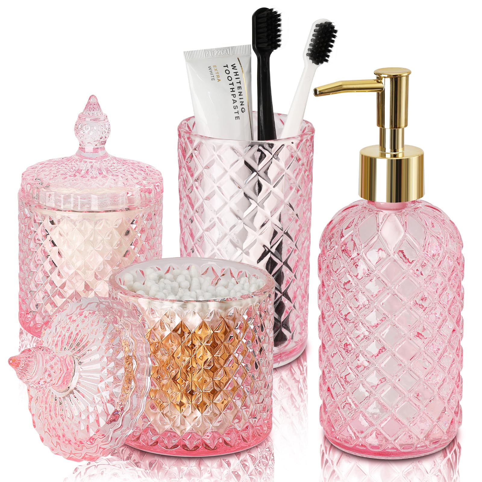 RYTOXILO Pink Bathroom Accessories Set 4-Pack Diamond Glass