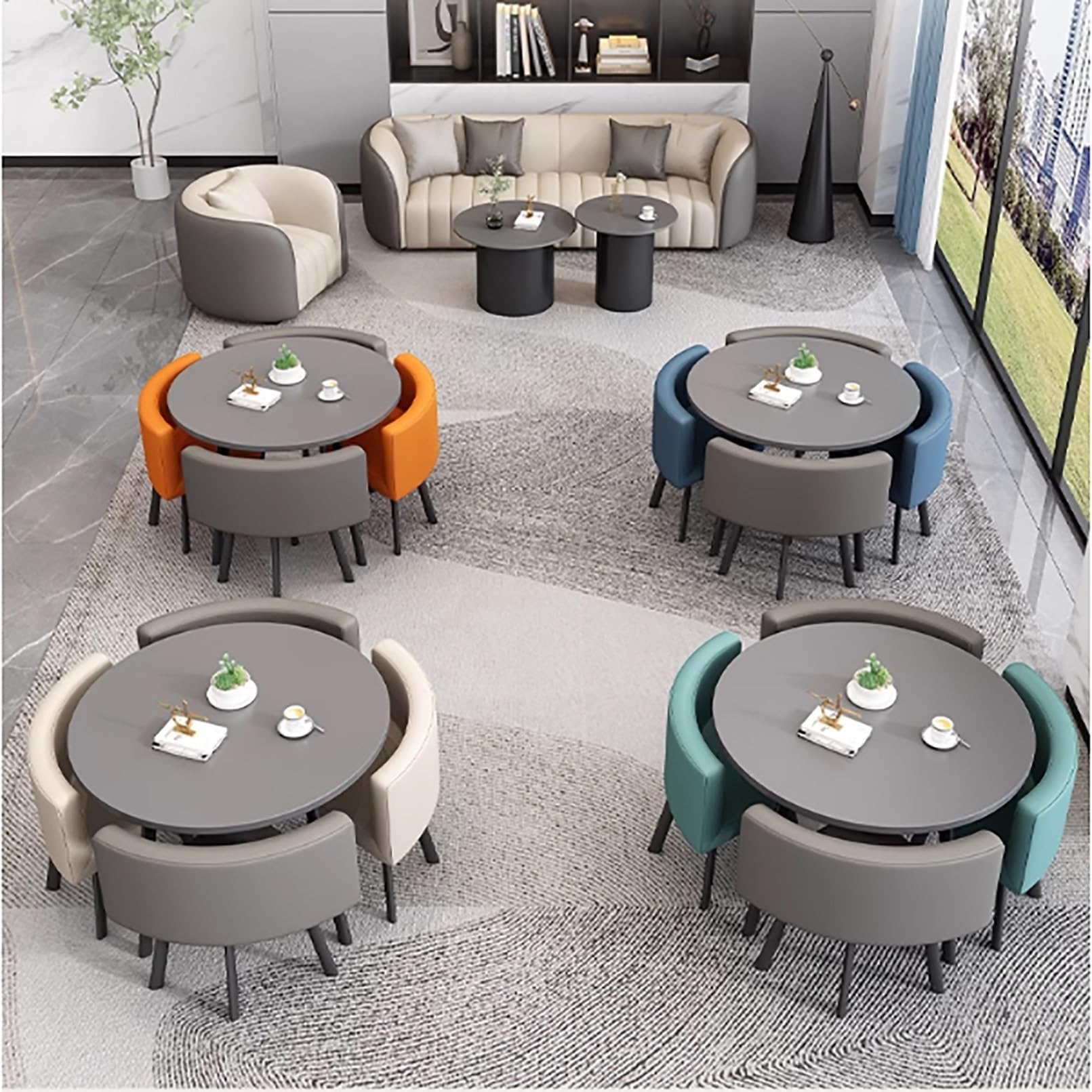 Moderno tavolo rotondo da ufficio con tavolo da negoziato e sedia in pelle PU, salvaspazio, facile da montare, per negozi di caffè e tè al latte, soggiorno (colore: E)