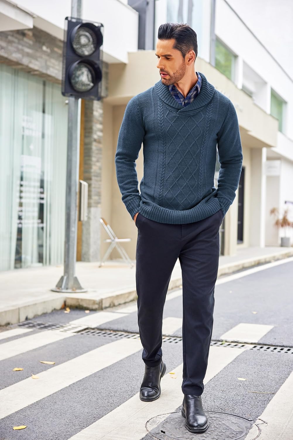 COOFANDY Men's Shawl Collar Sweaters V-Neck Relaxed Fit Cable Pullovers - Image 6