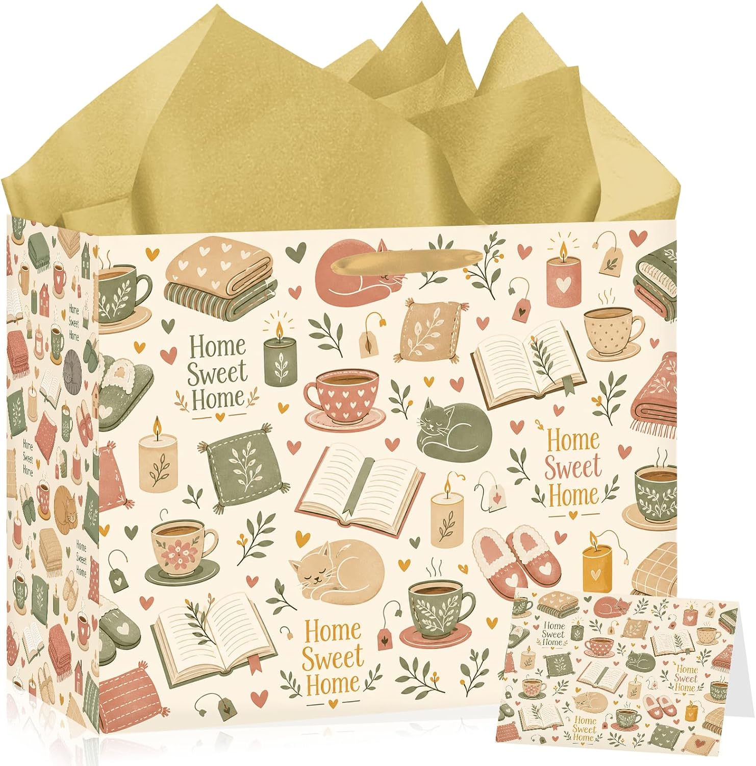 Hkshaoda Home Sweet Home Housewarming Gift Bag with Greeting Card Tissue Paper Cozy Cat Book Tea Theme Large Present Wrap Kit for New Homeowners, Rustic Farmhouse Hostess Party Packaging Supplies