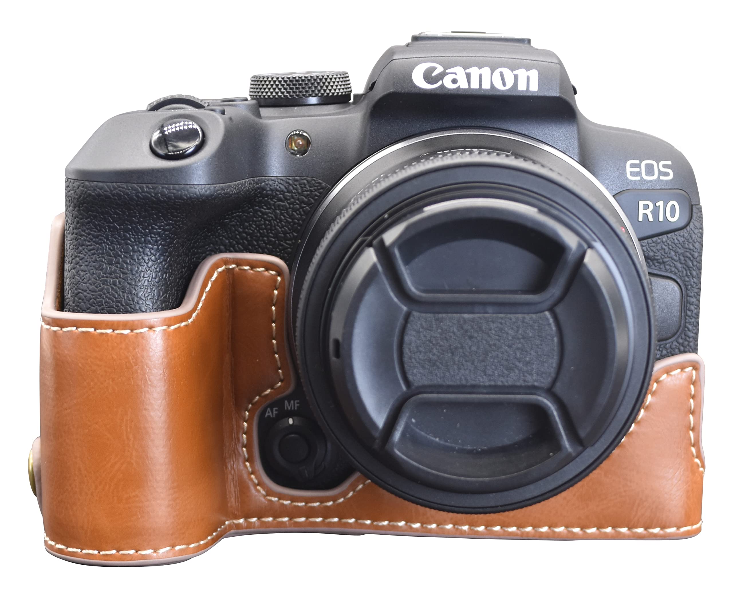 MUZIRI KINOKOO EOS R10 Protective Case PU Leather - Compatible for Canon EOS R10 Mirrorless Camera - Half Bottom Case with Grip Design - Brown