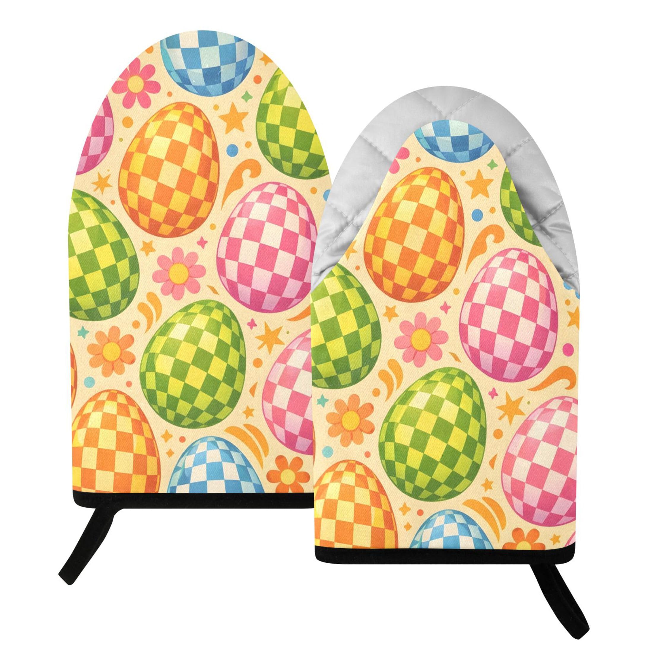 Kutsu Checkered Eggs Easter Oven Mitts for Kitchen, Heat Resistant Cotton Oven Gloves for BBQ Baking Cooking, Breathable Kitchen Essentials, 2 pcs