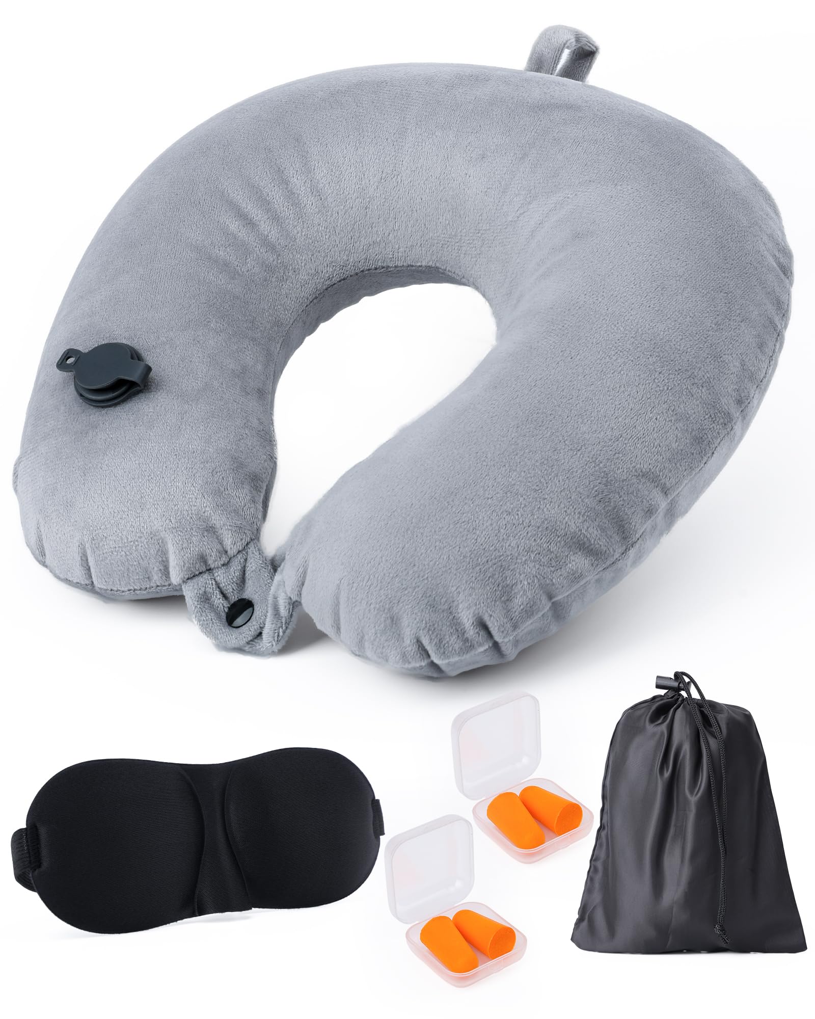 Poduszka Podróżna pod Kark, z Opaską na Oczy i 2 Parami Zatyczek Uszu | Ergonomiczna i Lekka Poduszka Dmuchana do Samolotu, Poduszka do Samolotu, Pociągu i Biura, Przydatne Akcesoria Podróżne