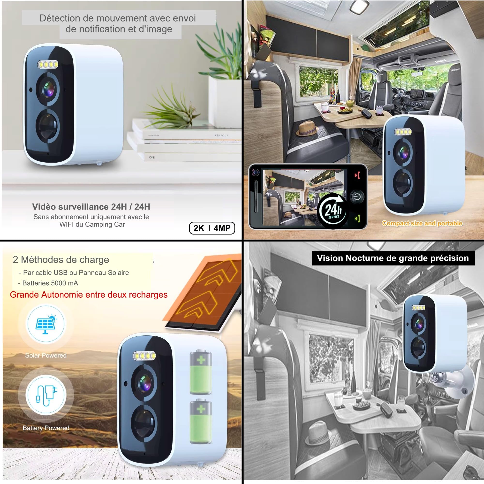Nouveau - Alarme de Camping Car - WiFi - avec Télé Surveillance 24h/24h – 1 Camèra de Surveillance - 2 Sirènes 125 DB - 5 Détecteurs d'ouvertures - 1 détecteur de Mouvement - 2 Tél