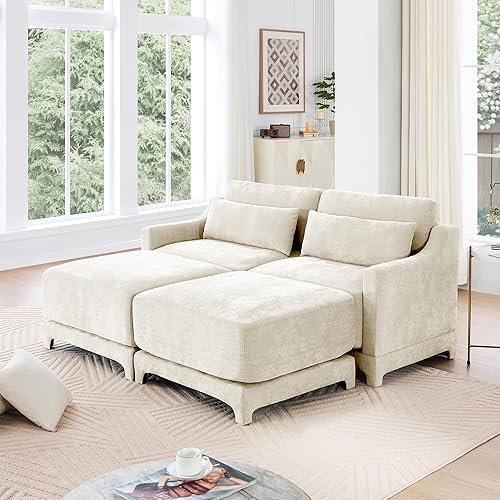 Mikibama Modern Chenille Loveseat with Ottomans,73.5" Modular Sectional 2 Seater Sofa Couch with Footrests,Upholstered Indoor Double Chaise Lounge Chairs with Scoop Arms for Living Room Bedroom（Beige）
