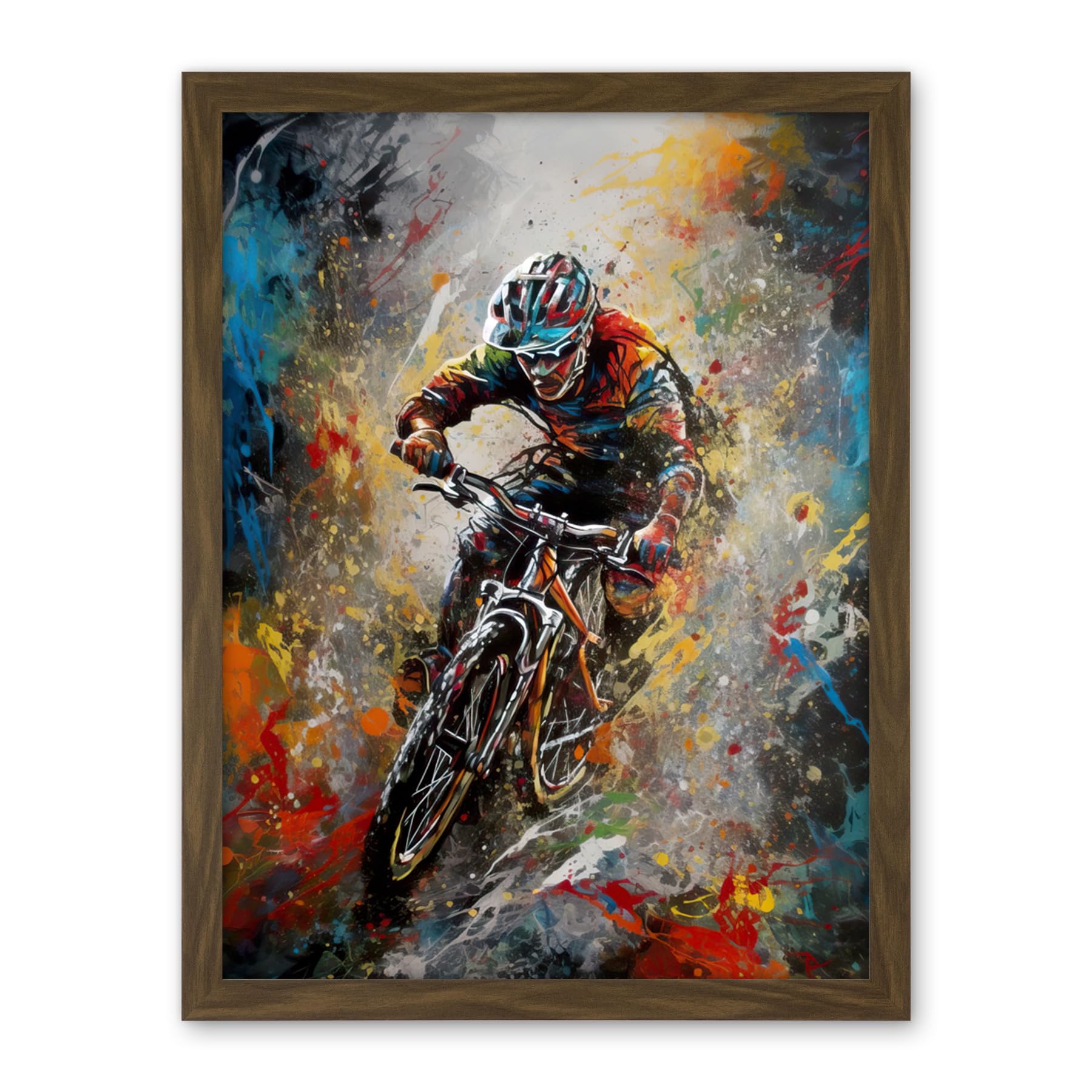 Artery8 Mountain Biker Paint Splat Action Shot Portrait Artwork Framed Wall Art Print 18X24 Inch