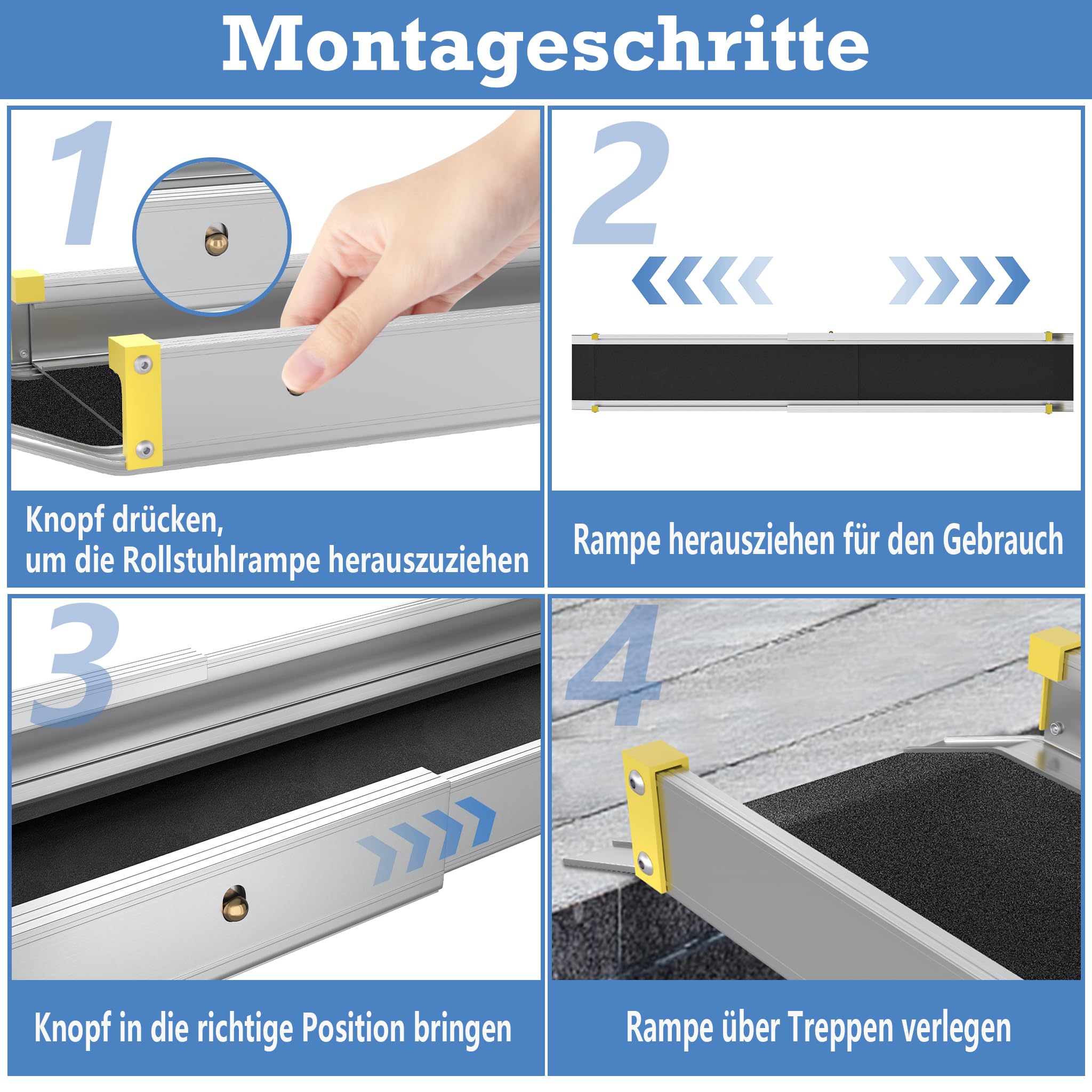 YRHome Rampa telescópica para silla de ruedas (2 unidades, 107 – 183 cm, telescópica, ajustable, antideslizante y portátil, hasta 300 kg, para sillas de ruedas manuales, aluminio, rampa para escaleras
