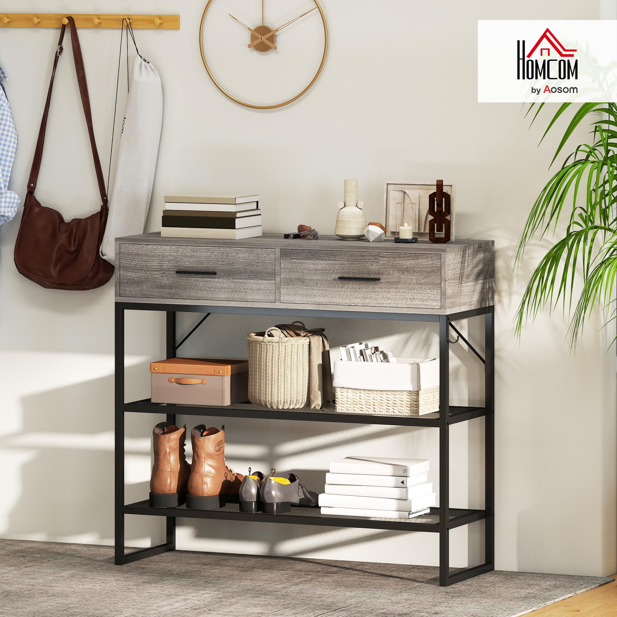 HOMCOM Consolle Ingresso con 2 Cassetti, 2 Ripiani in Rete e Gancio Laterale, Tavolo Consolle in Legno e Metallo, Tavolino Ingresso per Camera da Letto, 100x35x92 cm, Color Legno Grigio Chiaro