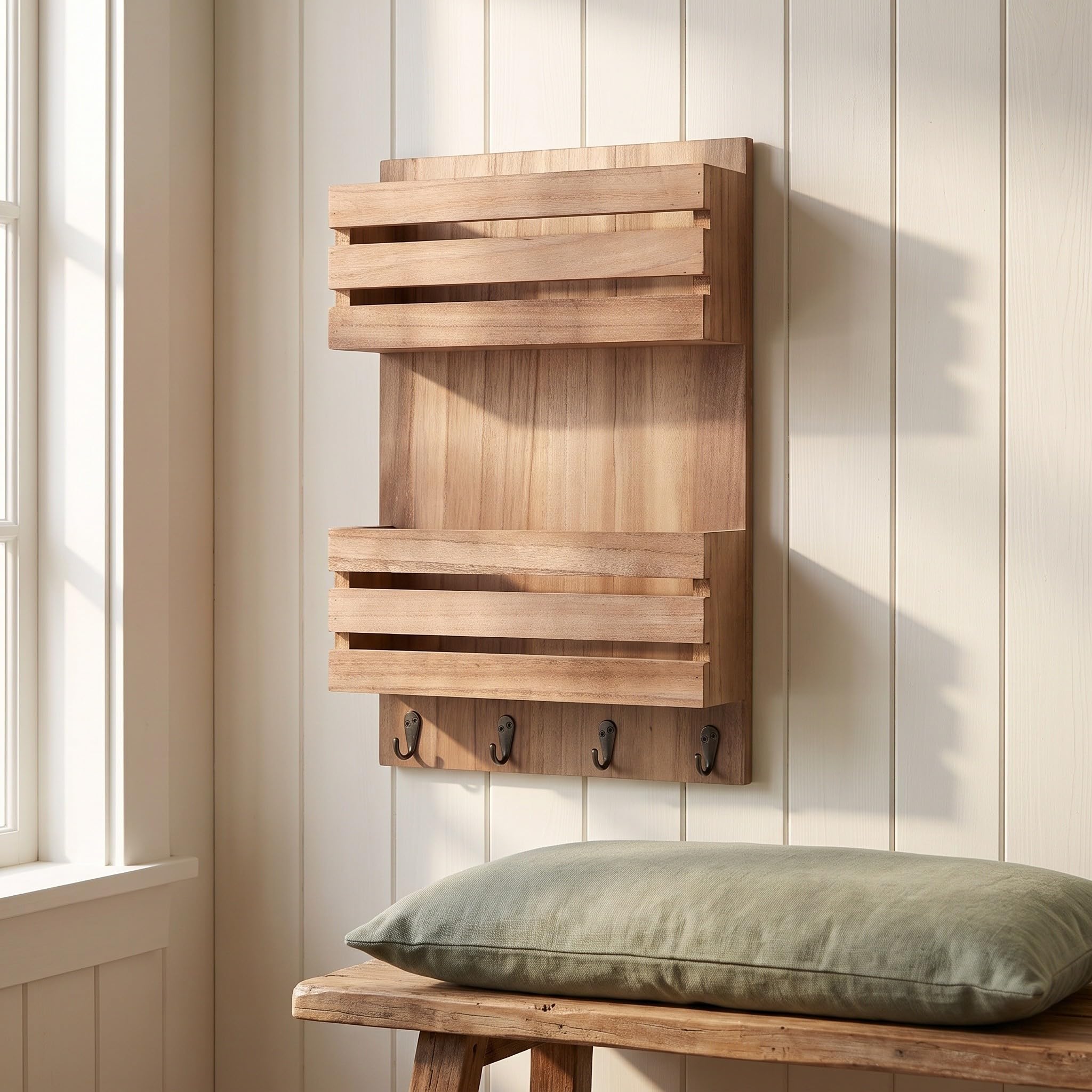 Zerodeko Organizador de correo de madera para montaje en pared con ganchos