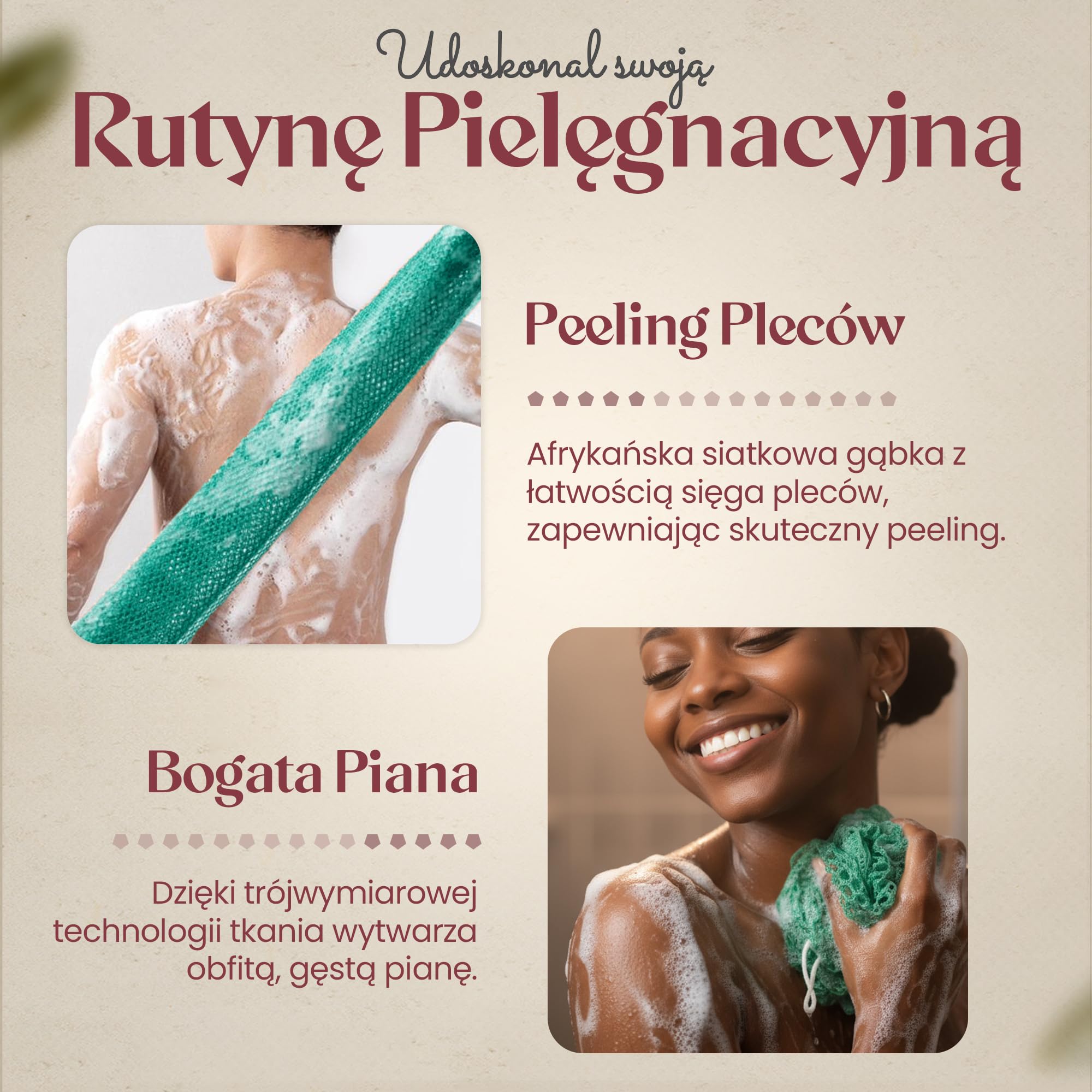 Autentyczna afrykańska gąbka siatkowa z Ghany ze sznurkiem do zawieszenia Długa gąbka peelingująca do ciała i pleców Idealna do codziennej kąpieli i prysznica (Fioletowy)