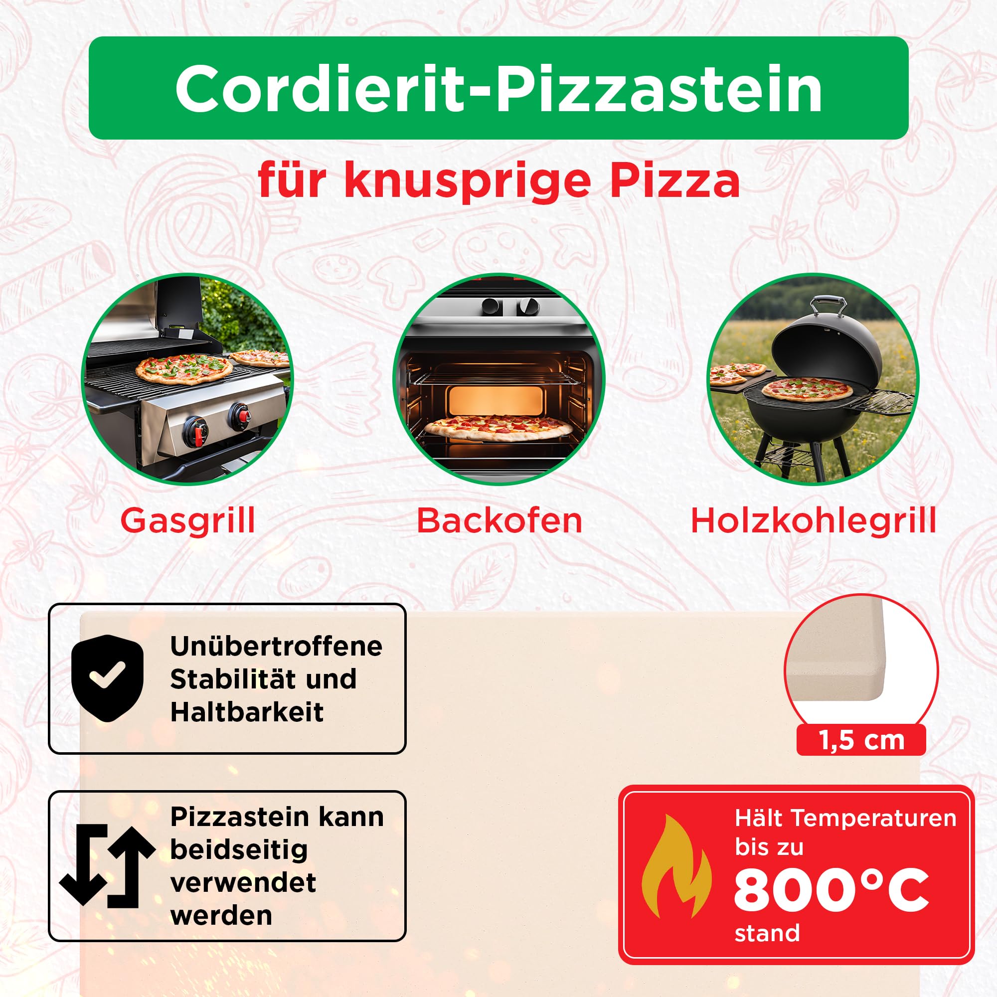 Pizza Lover Premium Pizzastein-Set für Backofen & Grill – 4in1 – inkl. perforiertem Pizzaschieber (harteloxiert) + Pizzastein bis 800°C aus Cordierit + Pizzaschneider & Rezeptbuch