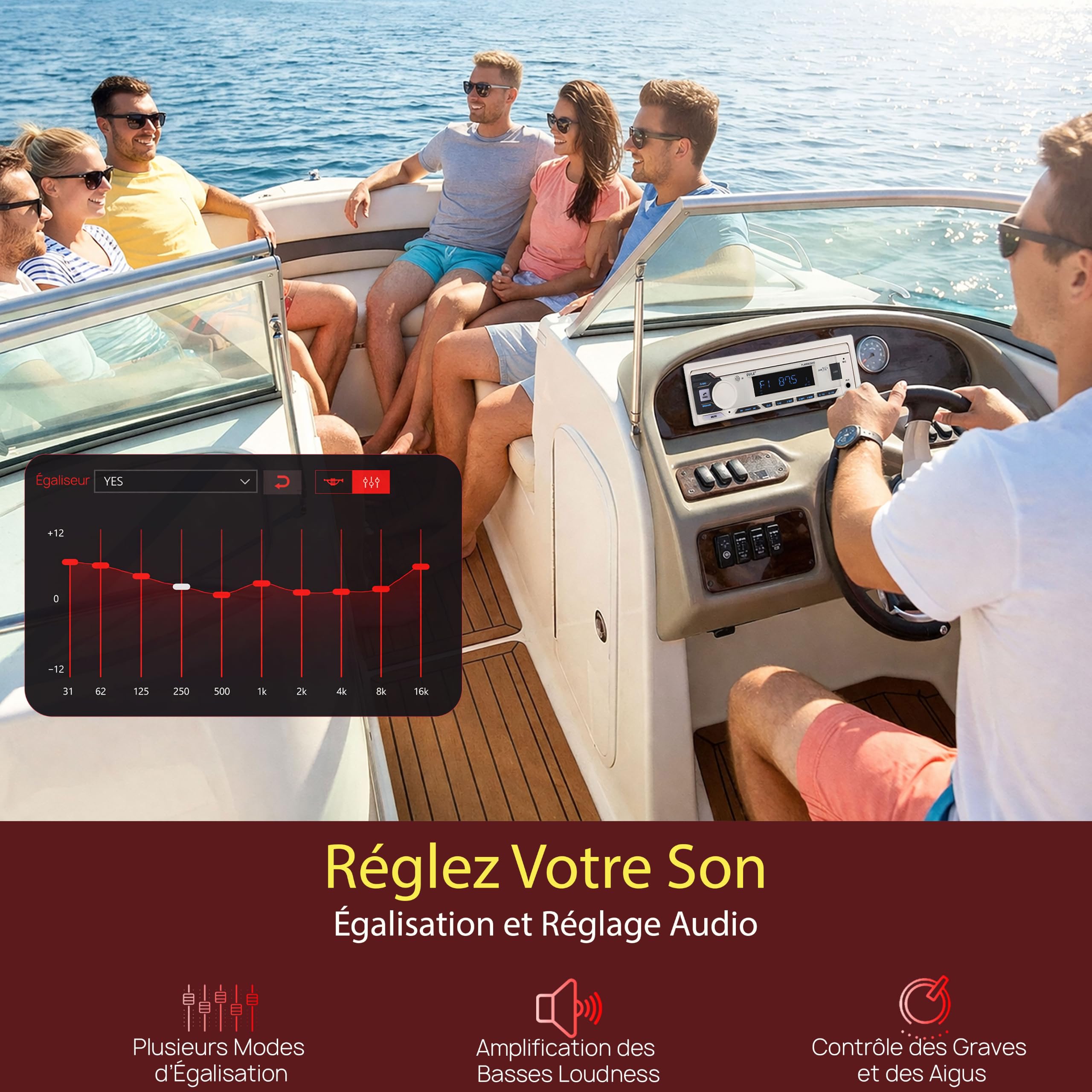 Pyle Autoradio Bluetooth Marin Single DIN, Récepteur Bateau Voiture - Blanc
