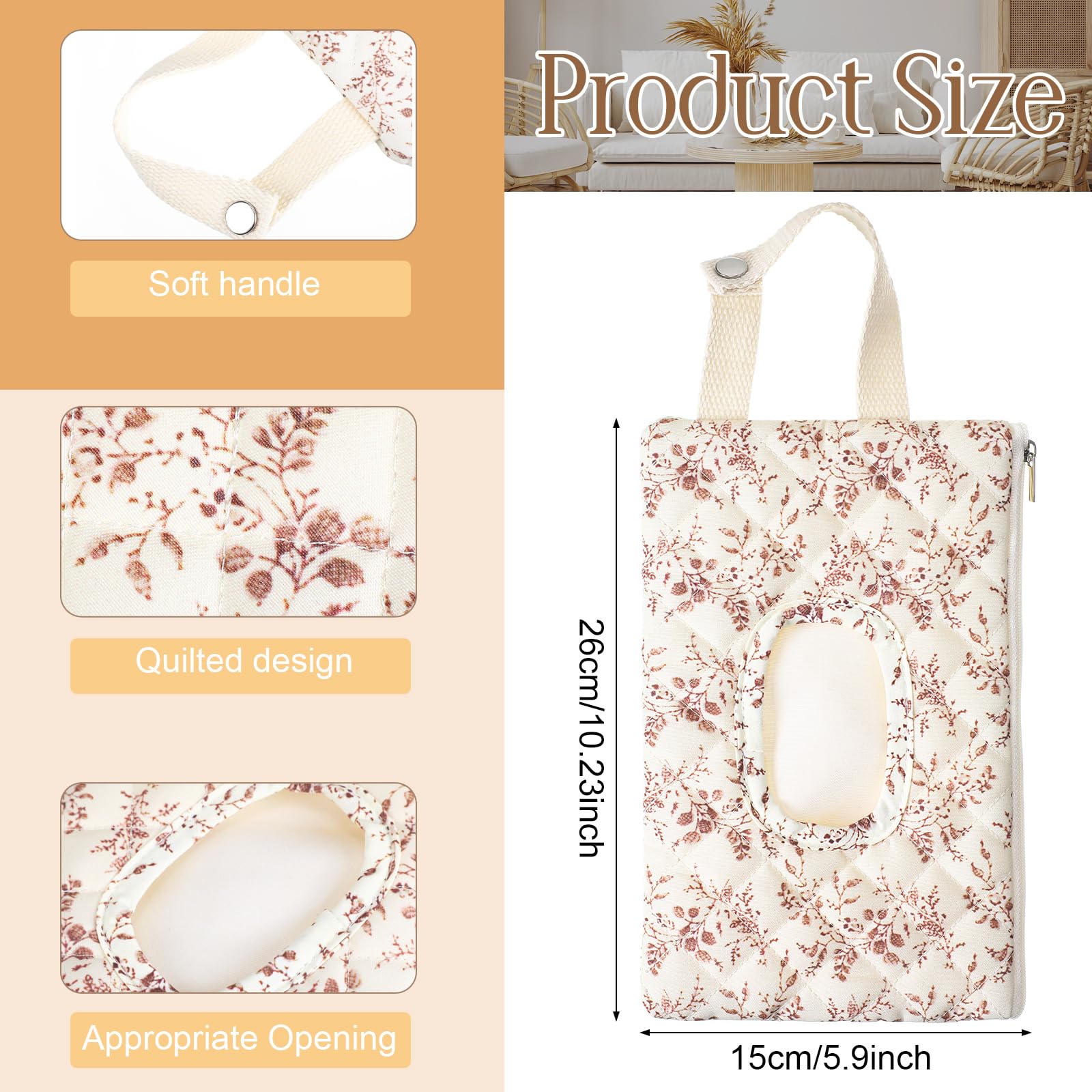 1 Pcs Quilted Diaper and Wipes Pouch Portable Hanging Floral Wet Wipe Bag Diaper Bag Reusable Wipes Pouch for for Stroller Car Travel Infant Diapering Organizer (Beige Floral) - 2