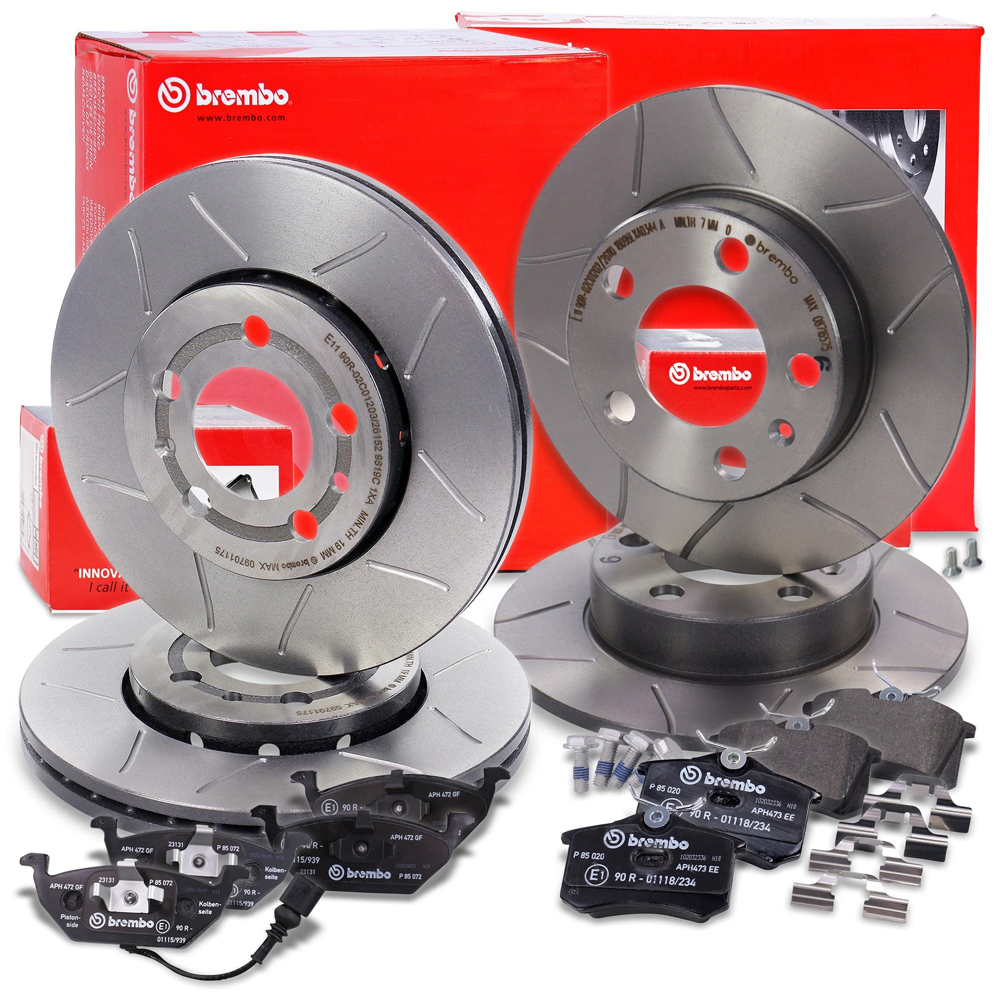 BREMBO Set di freni Sport Max incl. dischi freno sportivi scanalati anteriori Ø 256 mm ventilati + posteriori Ø 230 mm pieni + pastiglie freno anteriori e posteriori + contatto di usura