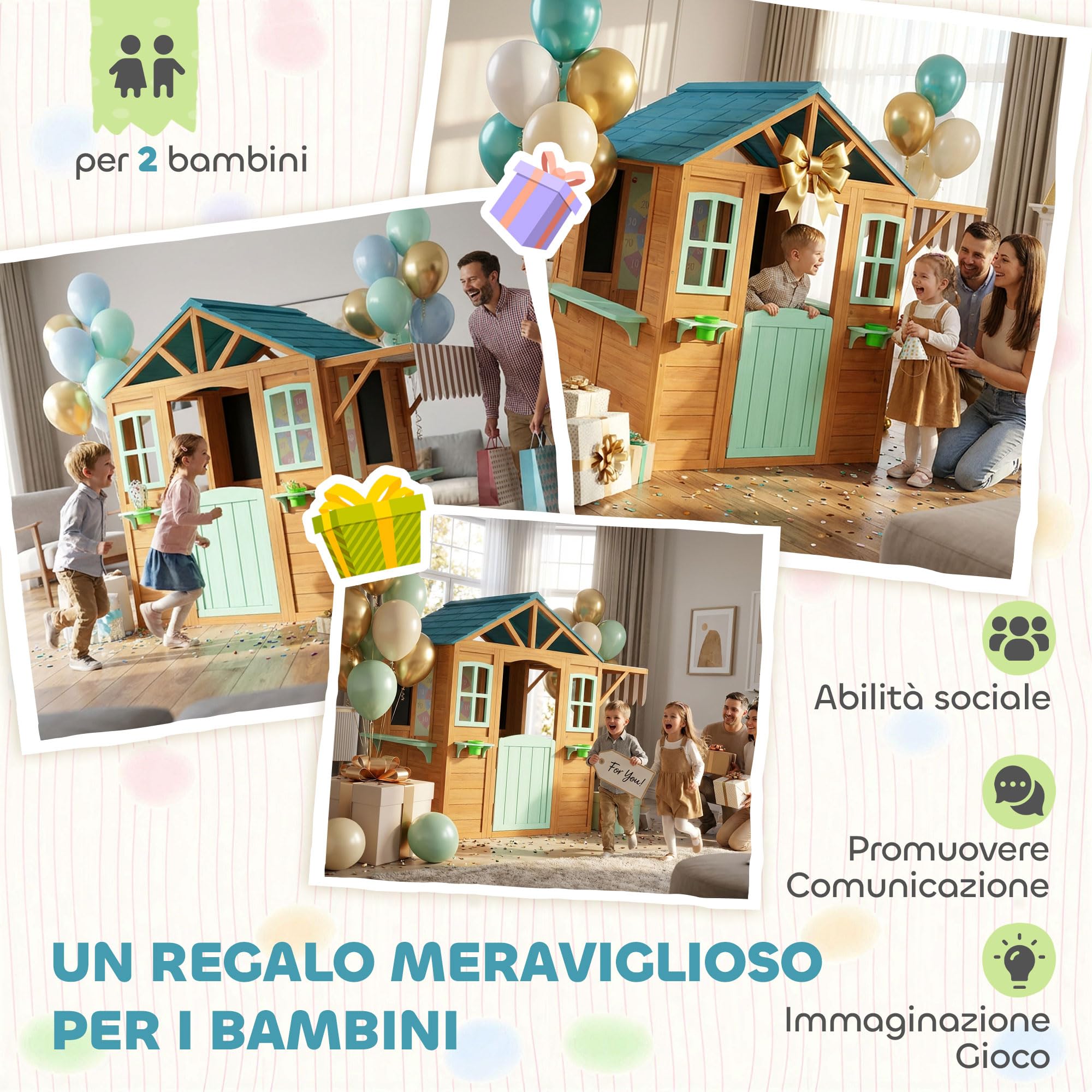 AIYAPLAY Casetta da Giardino per Bambini in Legno Abete, Casetta per Bambini Esterno, Finestra, Snack Bar, Mezza Porta, Portavasi, Telo Bersaglio, 4 Palline, Lavagna, 3-6 Anni, 142x120x141.5cm, Giallo