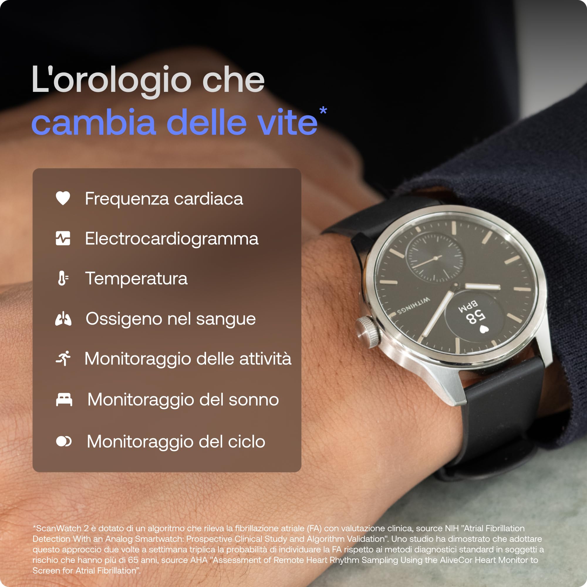 WITHINGS ScanWatch 2, Smartwatch ibrido per la salute del cuore per uomini e donne - ECG, SpO2, monitoraggio temperatura, sonno, salute respiratoria, ciclo, batteria 30 giorni, per iOS e Android