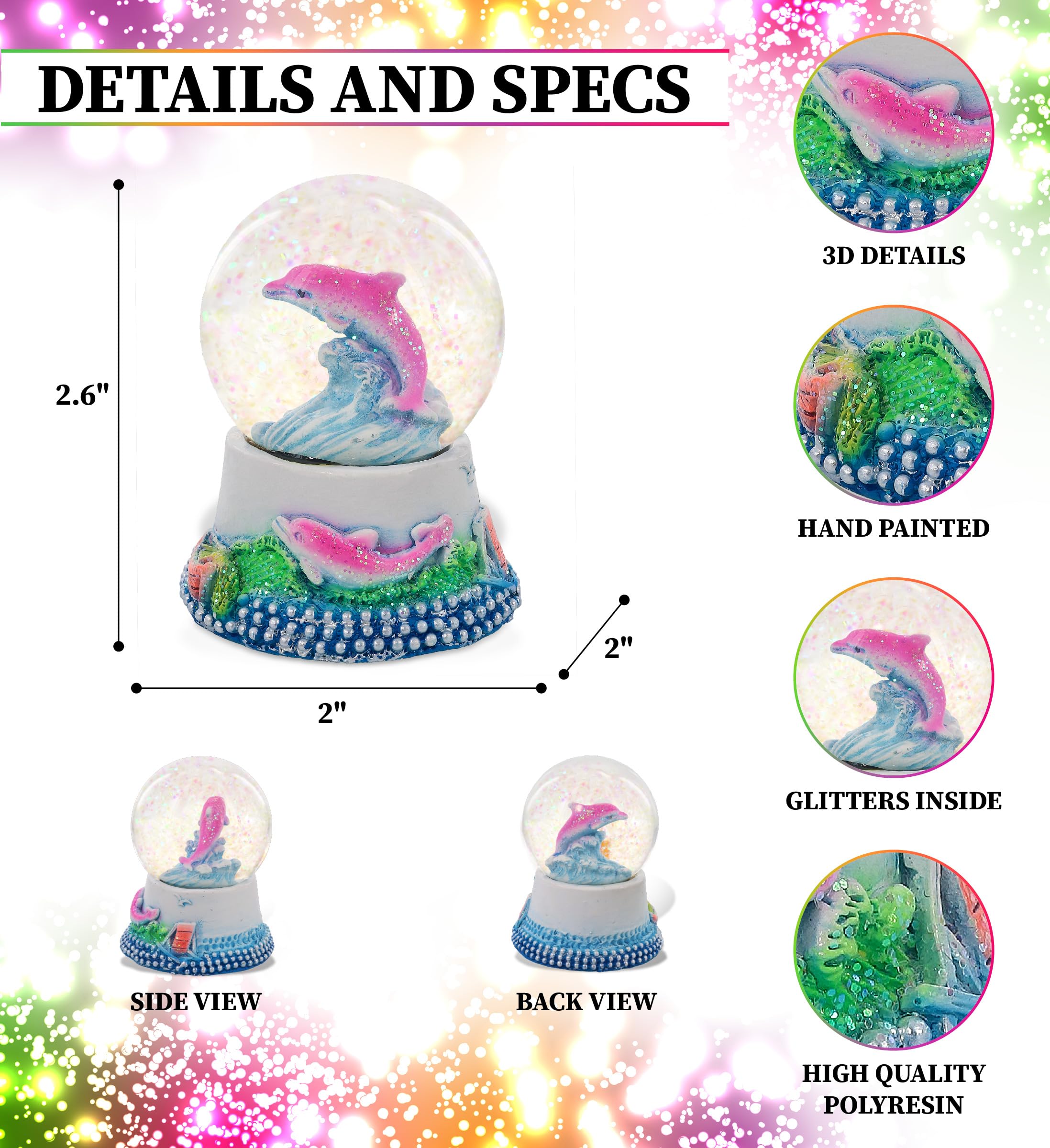 CoTa Global Dolphin Neon Snow Globe Decor - Elegant Pink Sparkle Glitter Inside The Snow Globe Figure, Animal Figurines for Kids and Adults, Collectible Snow Globes for Birthday, Christmas - 45 mm