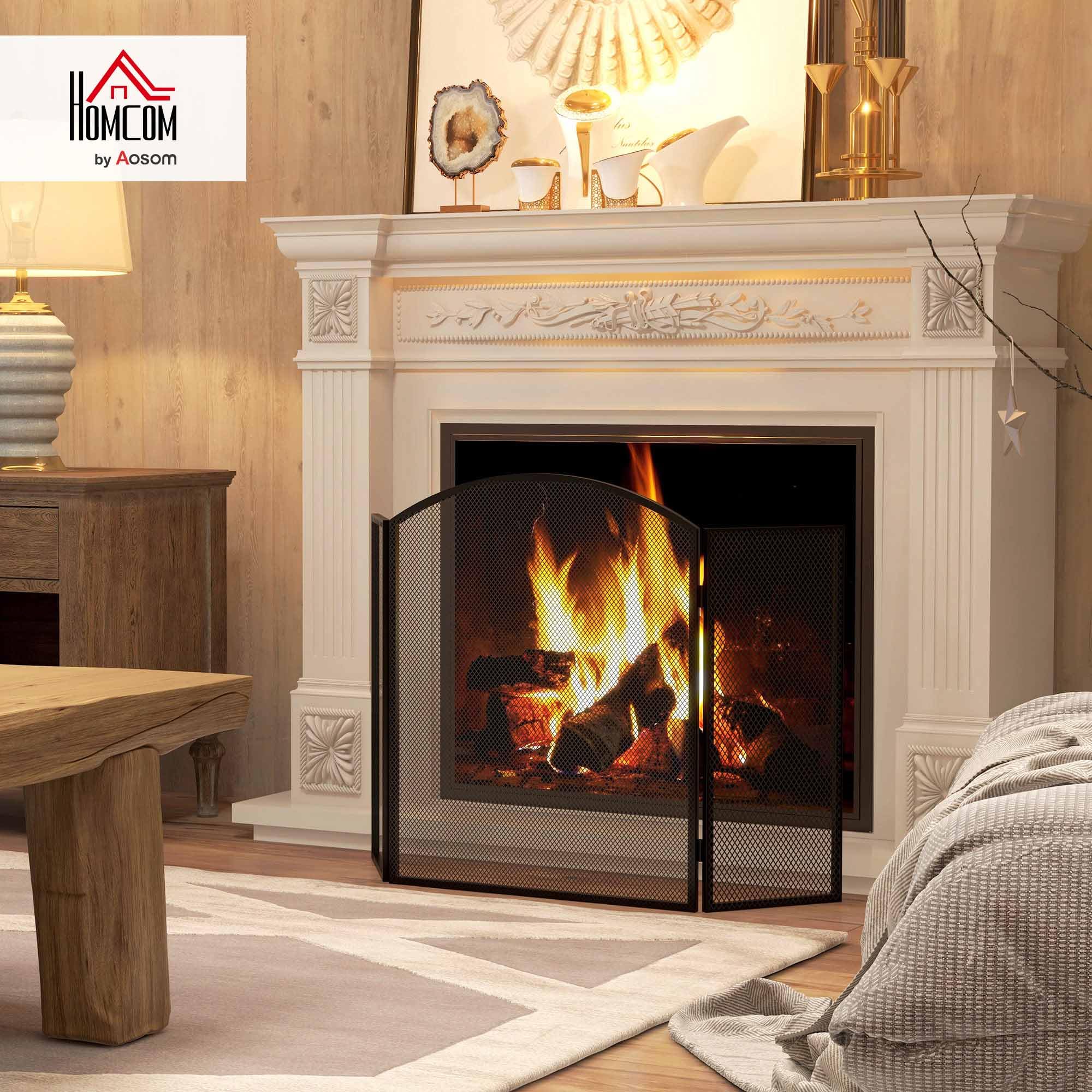 HOMCOM Salvachispas para Chimenea de 3 Paneles Protector de Chimenea Plegable con Estructura de Acero 96x62 cm Negro
