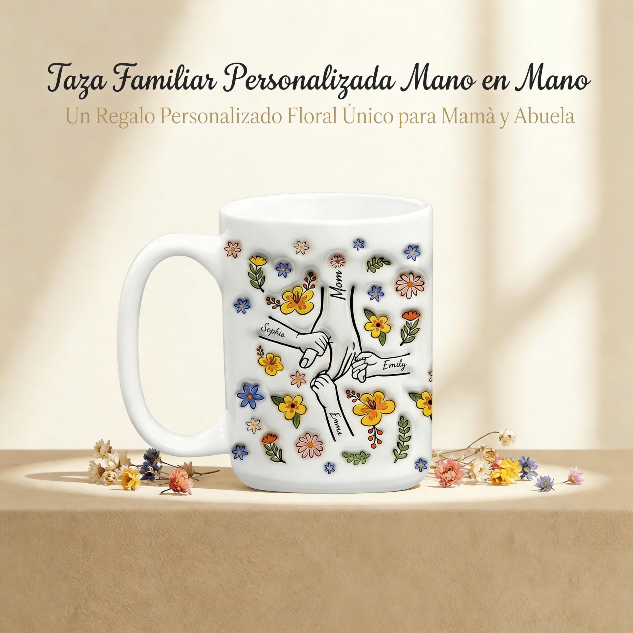 SOUFEEL Taza de abuela personalizada con nieto, abuela, mamá y nietos, flores a mano en mano, regalos personalizados para mamá y abuela, Patrón 3D taza de café, regalo del día de la madre — view 2