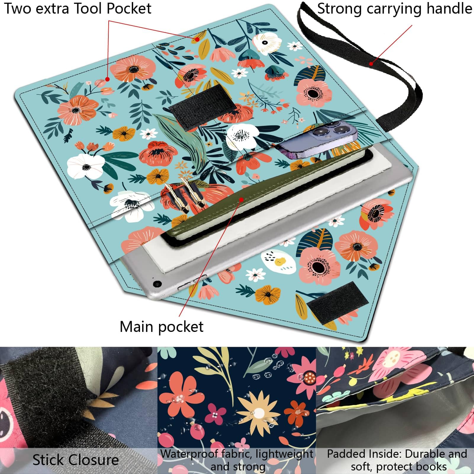 CRASPIRE Flower Book Covers Plant Book Sleeve 11.6 X 9.3 Inch Book Protector for Paperbacks Washable Fabric Cloth Book Cover with Handle and Extra Sleeve Pocket for Book Lovers Classmate Gifts - Image 4