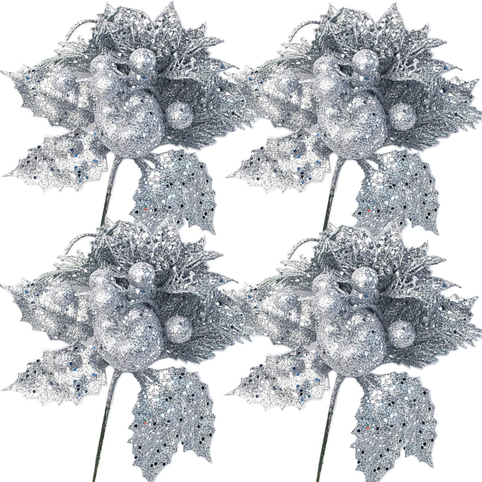 CCBUY4 Pack Silver Glitter Christmas Picks Sprays with Artficial Flower and Leave Fruit for Christmas Decorations and Home Decor