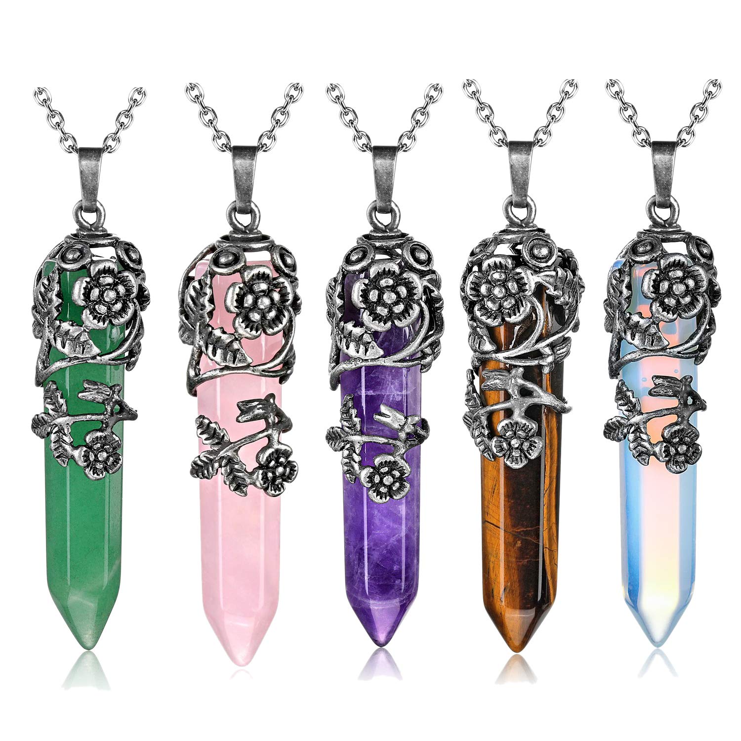 5pcs Crystal Necklace Natural Reiki Healing Crystal Stone Pendant with Chain Amethyst Pink Quartz Gemstone Jewelry Antique Brass Wrapped Hexagonal Prism Yoga Energy Chakra Pendulum Divination