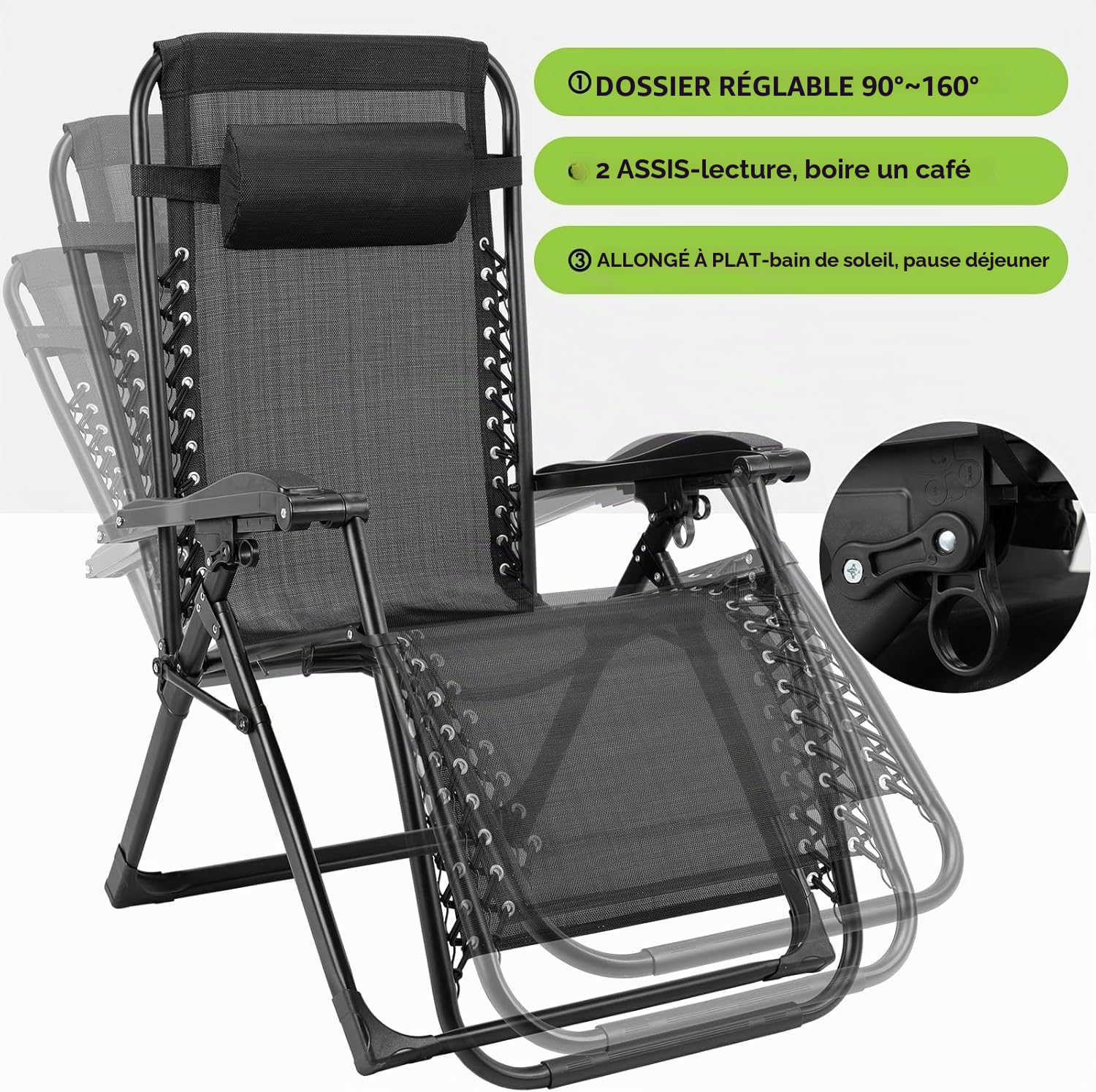 TLGREEN Lot de 2 transats Jardin extérieur Pliables, Bain de Soleil avec Coussin, Fauteuil élargie, Dossier réglable, Porte-gobelet, Charge Max 160 kg, pour Jardin,terrasse, Piscine (Noir)