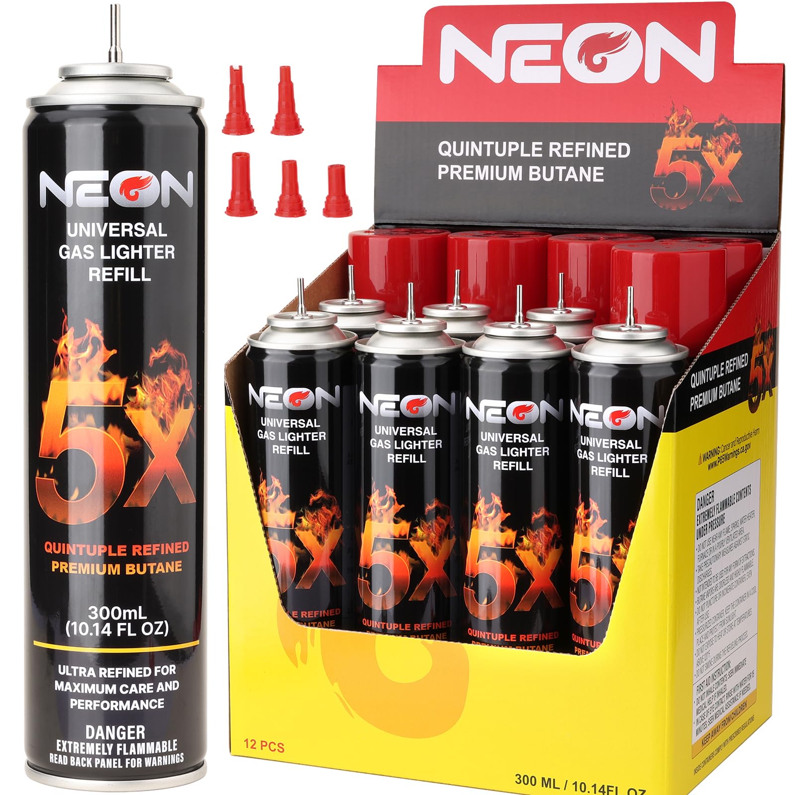 NEON Butane Fuel 300ml, 5X Premium Refined Butane Refill for Torch Lighter, 0 Impurities Lighter Fluid with Metal Nozzle & 5 Butane Gas Refill Adapters for Culinary, Welding, and DIY (12
