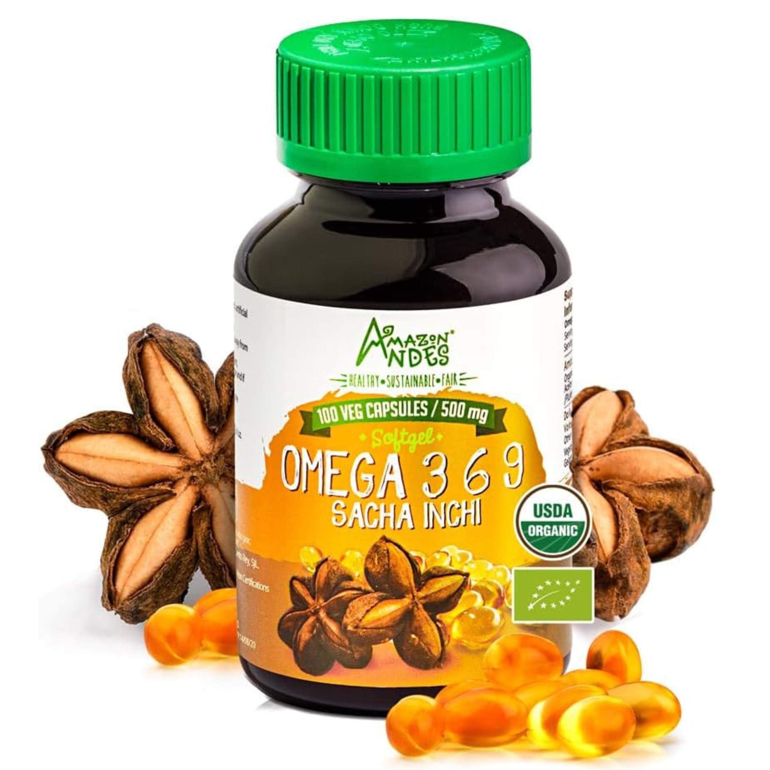 Amazon Andes Sacha Inchi Oil Capsules - Source of omegas 3, 6 and 9 - Healthier Source of Essential Fatty Acids - Vegan, Non-GMO, Allergen-free & Gluten Free - 100 Softgel Pills (500mg) - Made in Peru