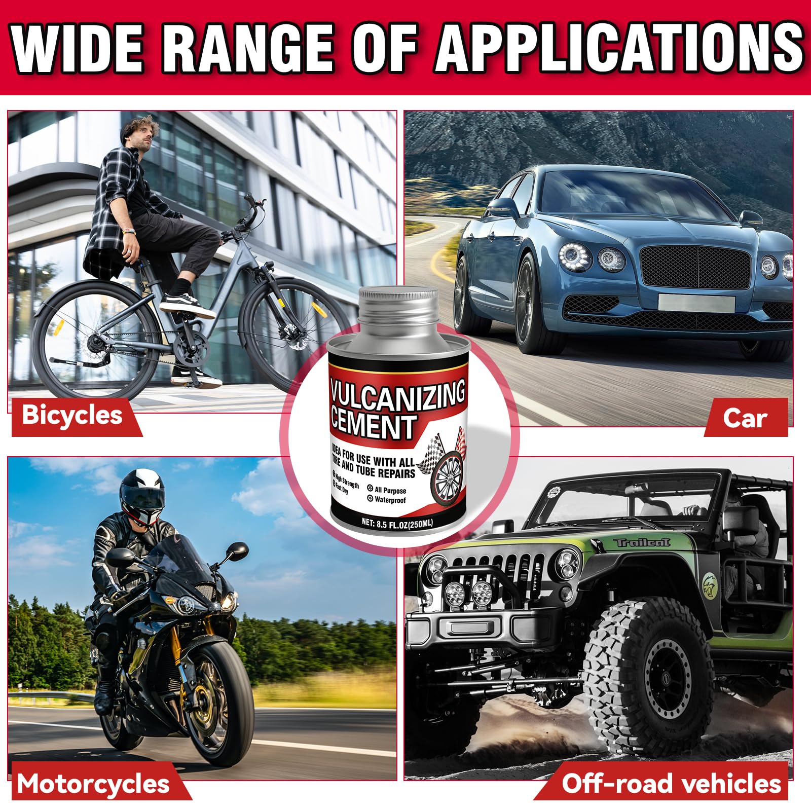 Chemical Vulcanizing Cement, Waterproof Tire Repair Glue 8.5 FL.Oz, Fast Drying Rubber Adhesive with Brush Top, Clear and Durable, Ideal for Car, Motorcycle, Bike : Automotive