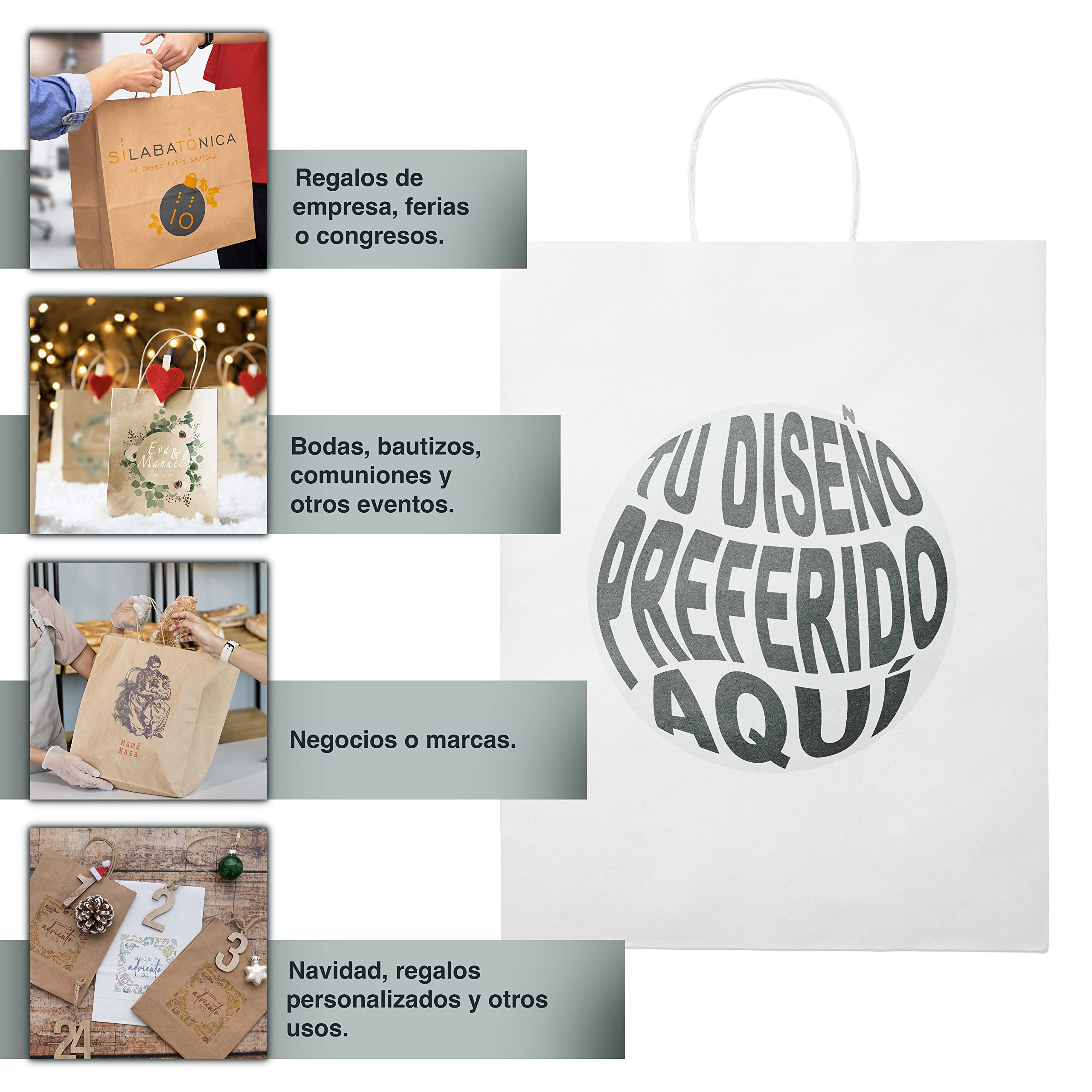50 Papiertüten mit farbigem Bild | Achten Sie auf Ihre Geschenke | personalisierte Papiertüten für Veranstaltungen | recycelbar und mit Griffen | Größe auswählen (Medium 25 x 31 x 9 cm, Weiß)