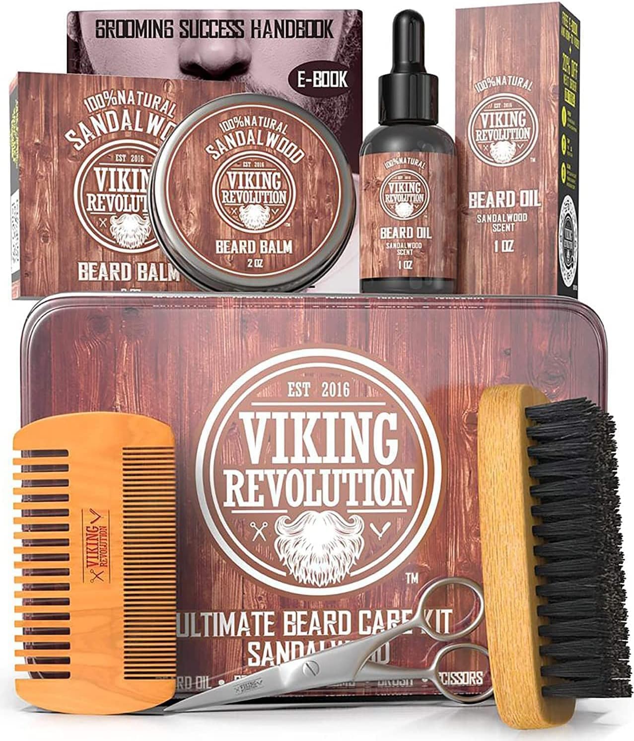 Viking Revolution Kit de Barba y Bigote Para Hombre - Juego Champú, Cepillo Cerdas de Jabalí, Peine de Madera, Bálsamo de Sándalo, Aceite, Tijeras