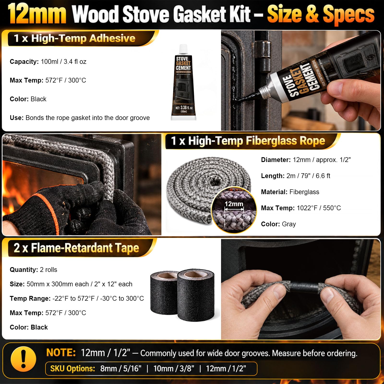 Kit di guarnizioni per stufe a legna, 12 mm, corda con adesivo ad
